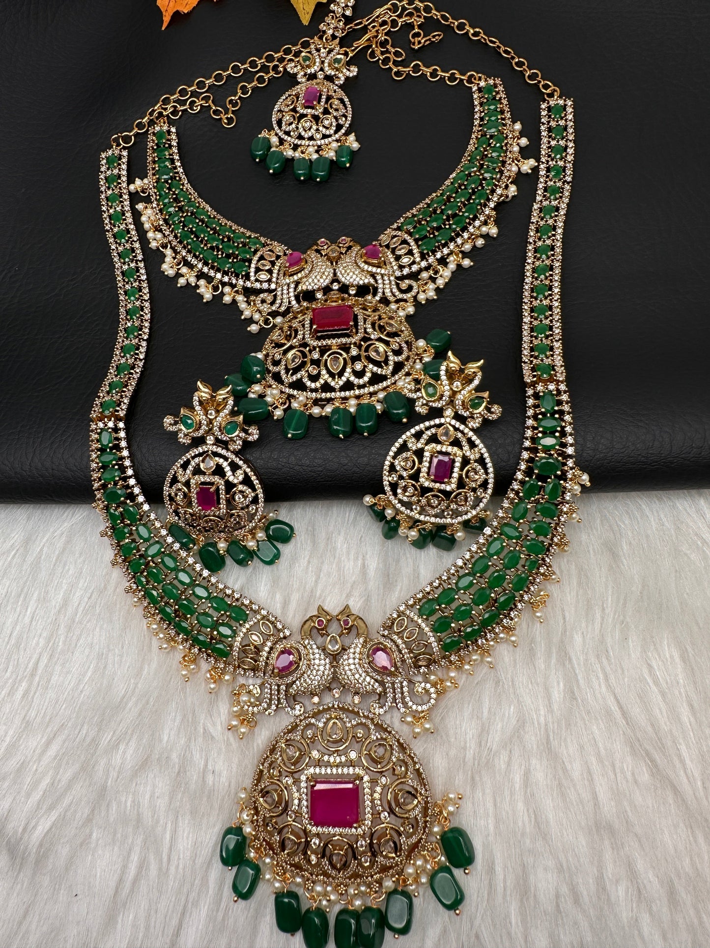 CZ Peacock  Color Stone Combo Bridal Necklace - Green