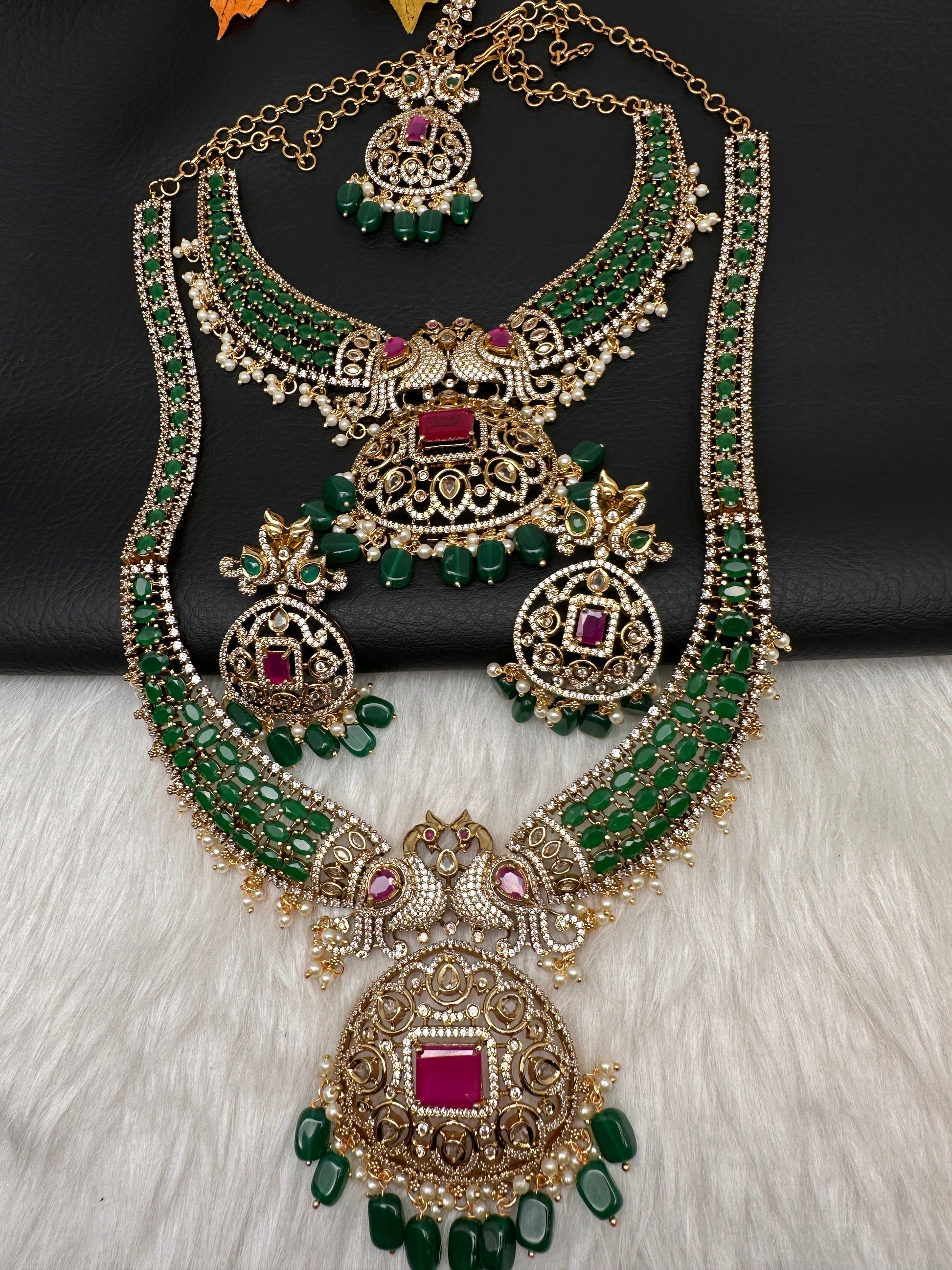 CZ Peacock  Color Stone Combo Bridal Necklace - Green