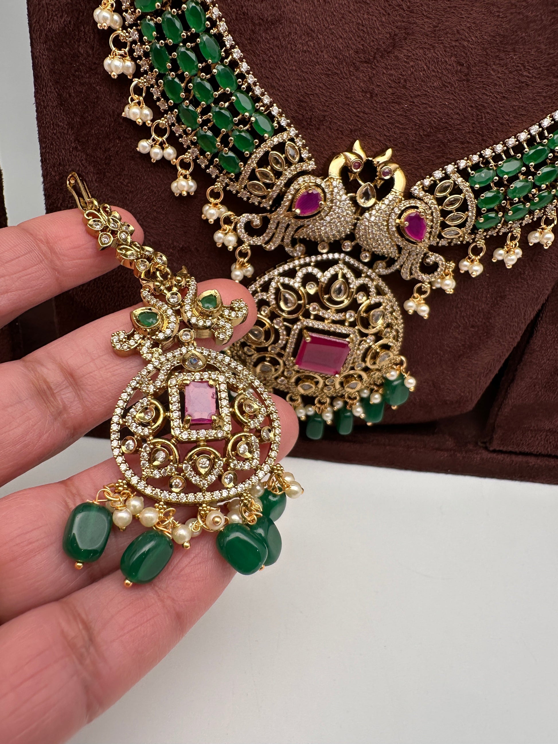 CZ Peacock  Color Stone Combo Bridal Necklace - Green