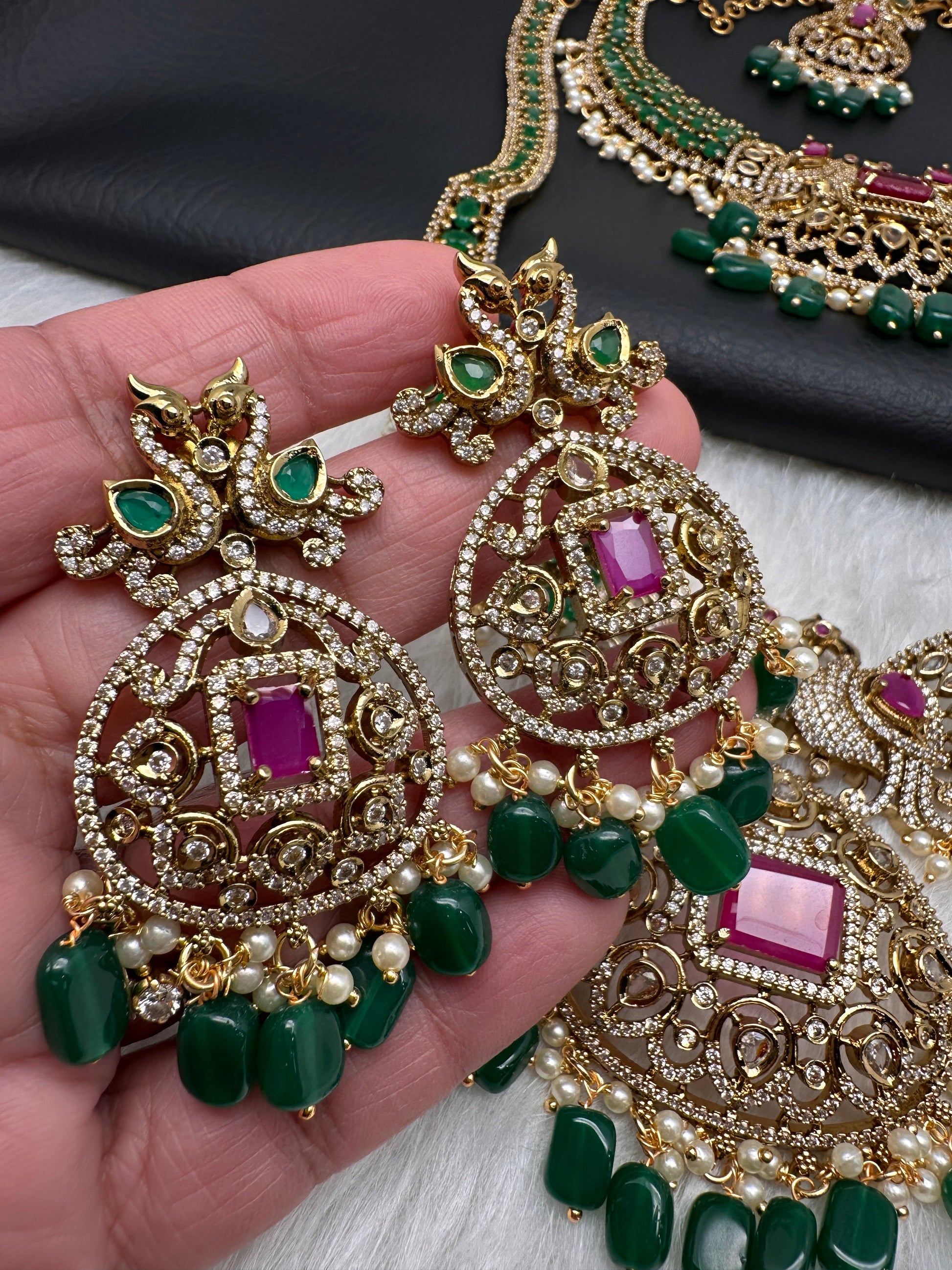 CZ Peacock  Color Stone Combo Bridal Necklace - Green