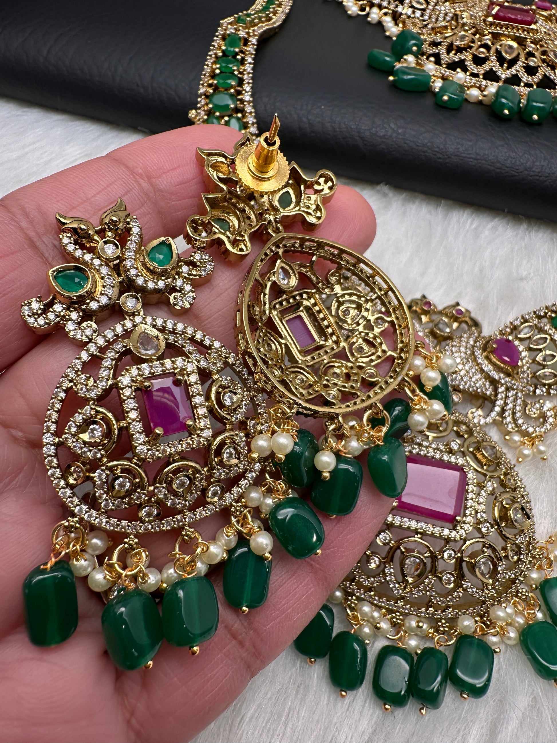 CZ Peacock  Color Stone Combo Bridal Necklace - Green