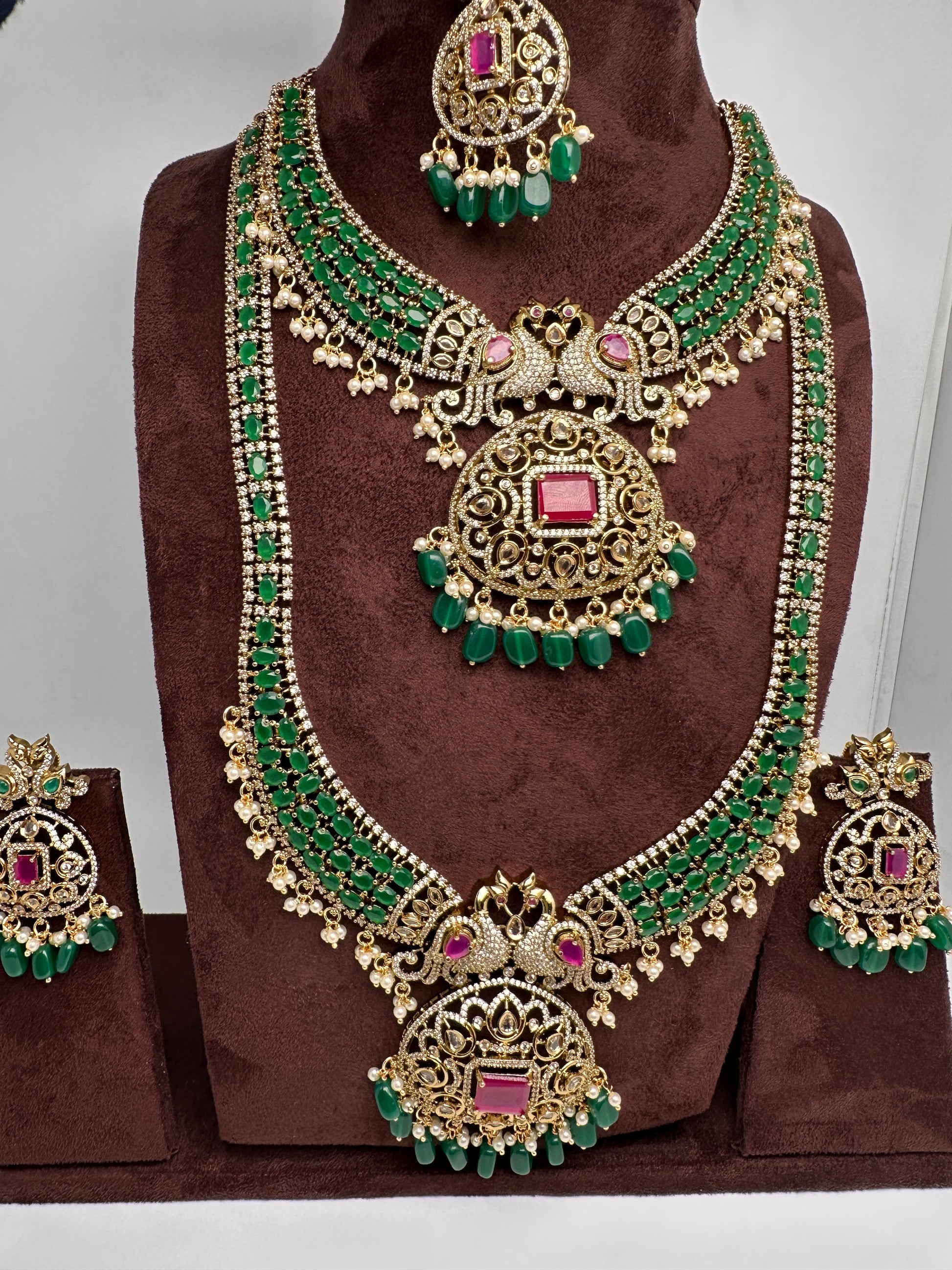 CZ Peacock  Color Stone Combo Bridal Necklace - Green