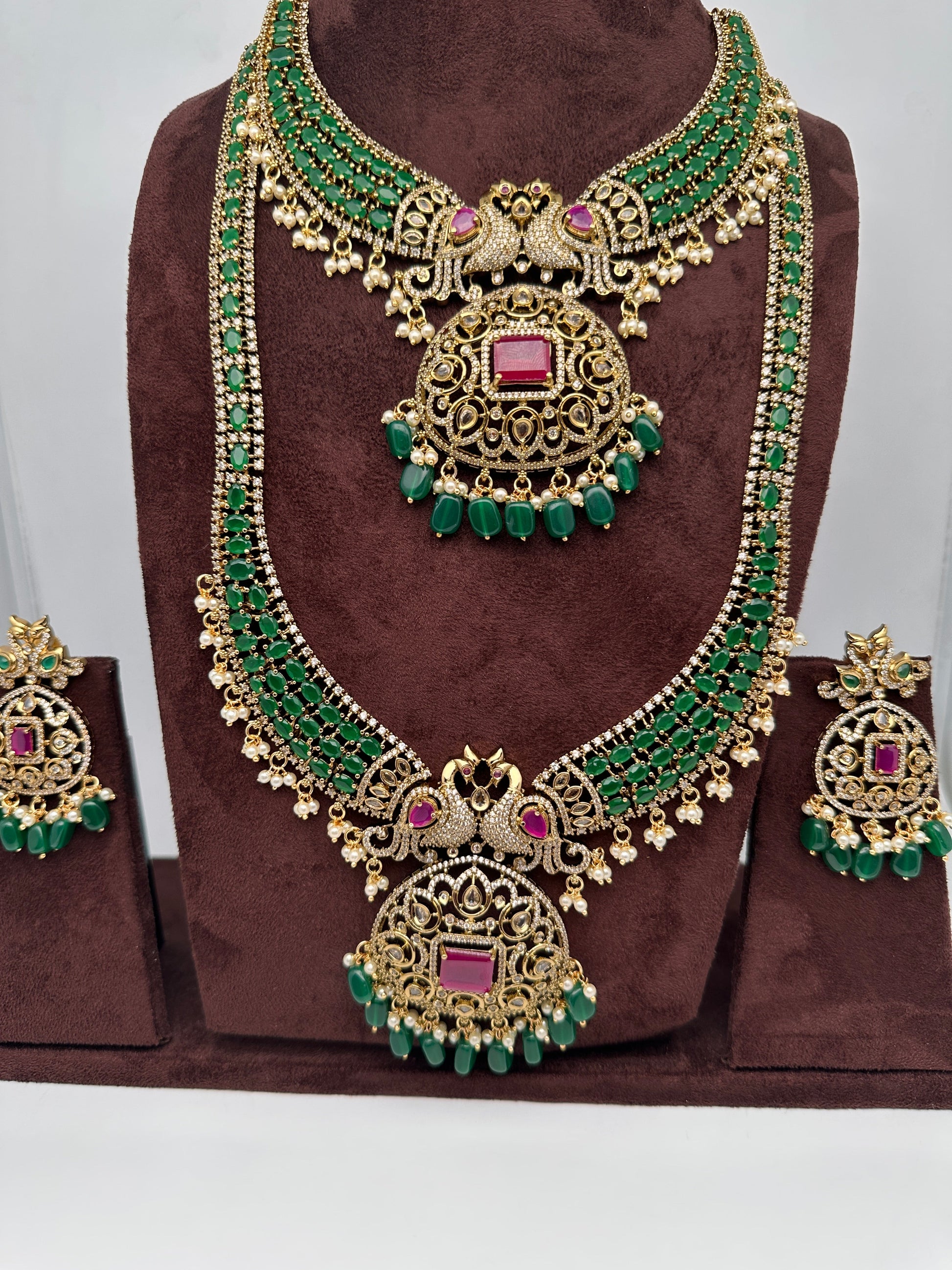 CZ Peacock  Color Stone Combo Bridal Necklace - Green