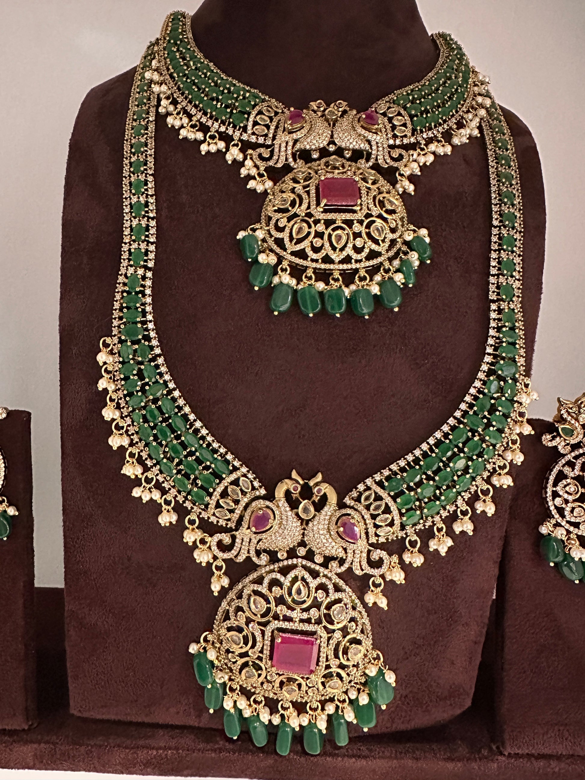 CZ Peacock  Color Stone Combo Bridal Necklace - Green