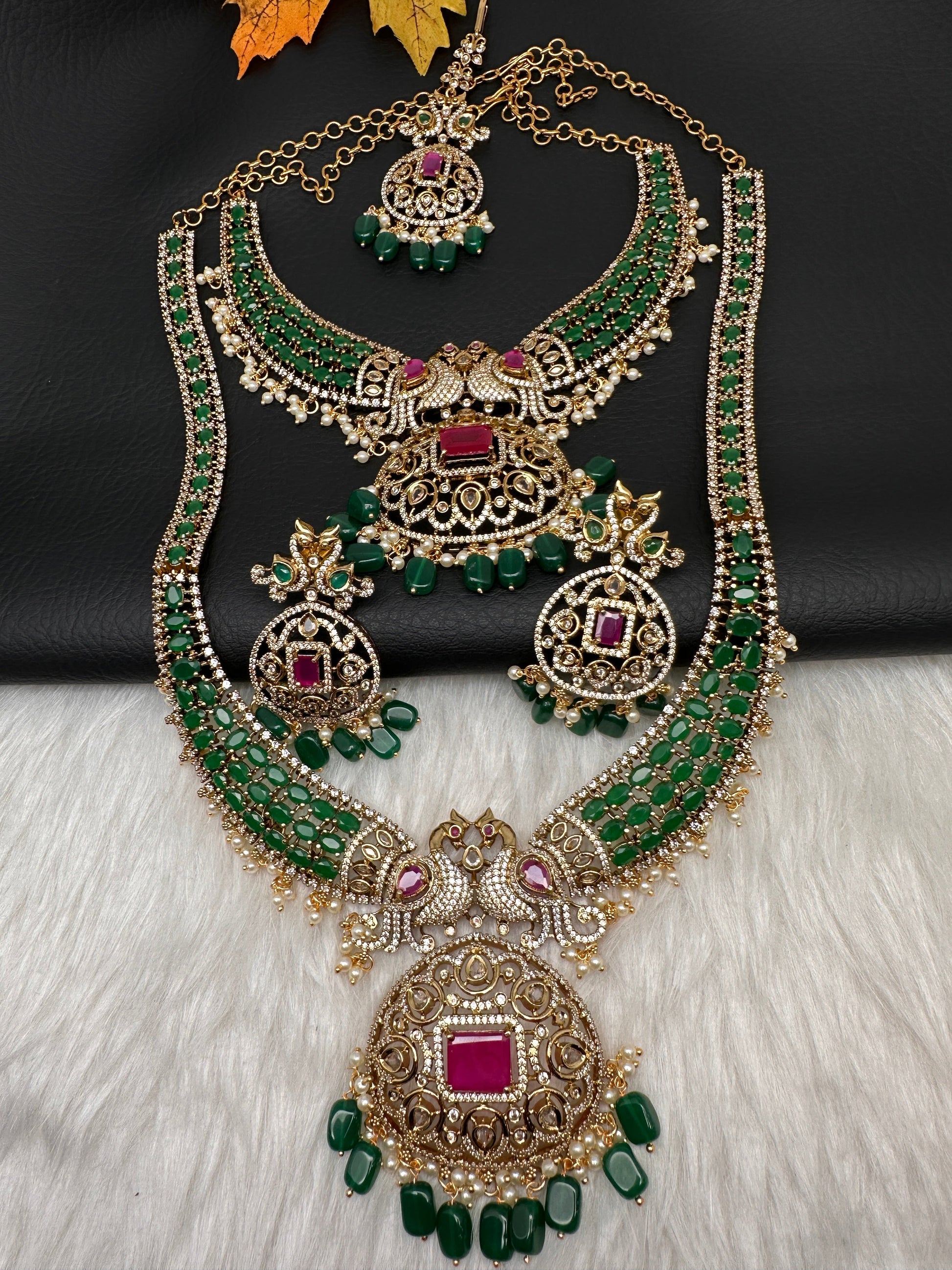 CZ Peacock  Color Stone Combo Bridal Necklace - Green