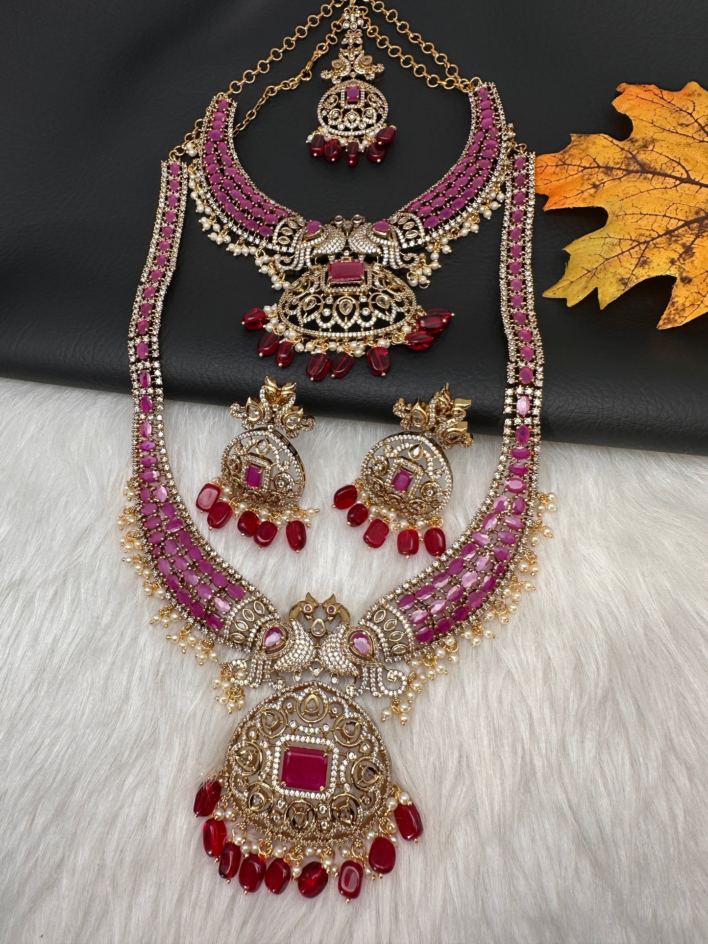 CZ Peacock  Color Stone Combo Bridal Necklace - Red