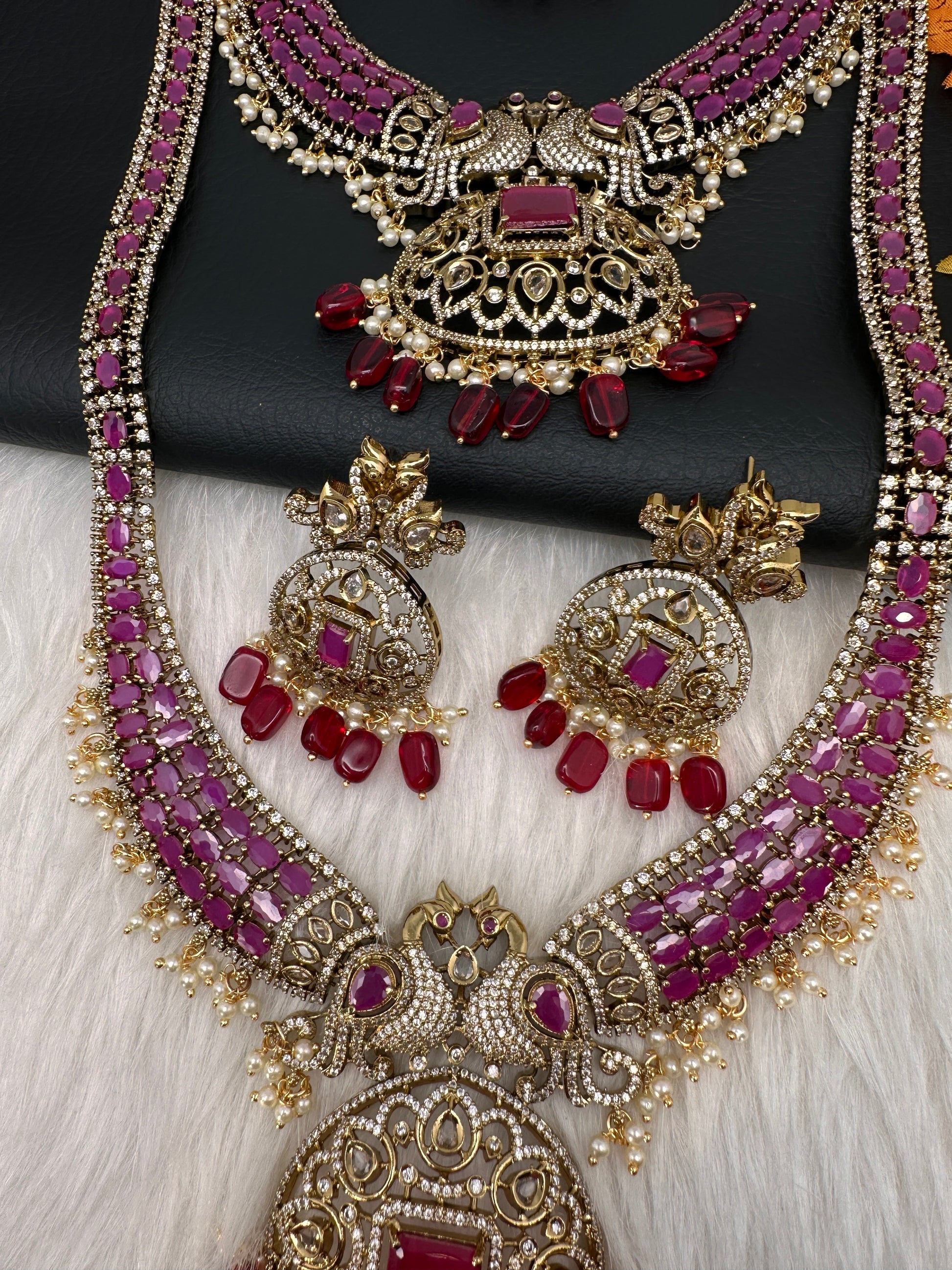 CZ Peacock  Color Stone Combo Bridal Necklace - Red