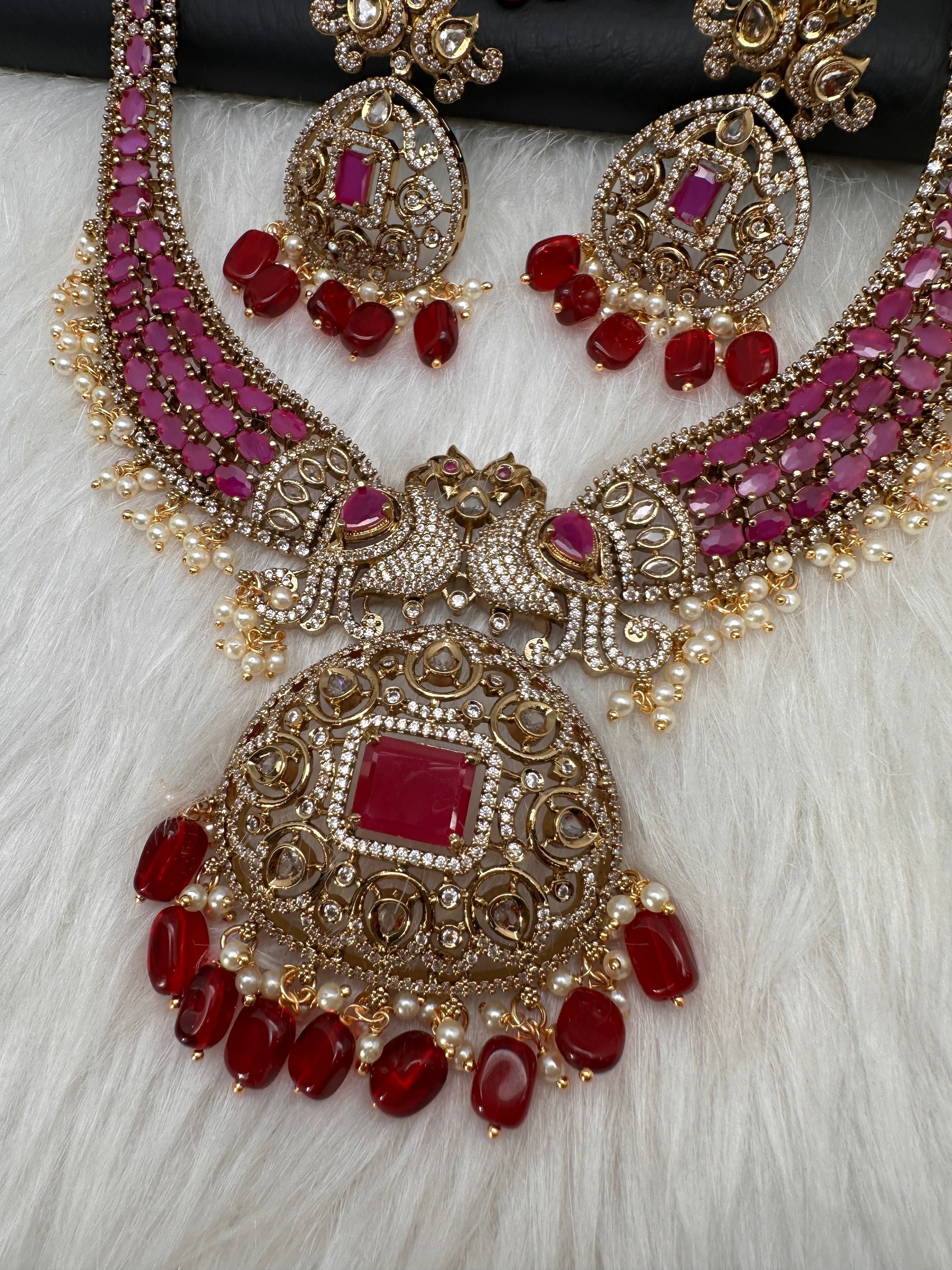 CZ Peacock  Color Stone Combo Bridal Necklace - Red