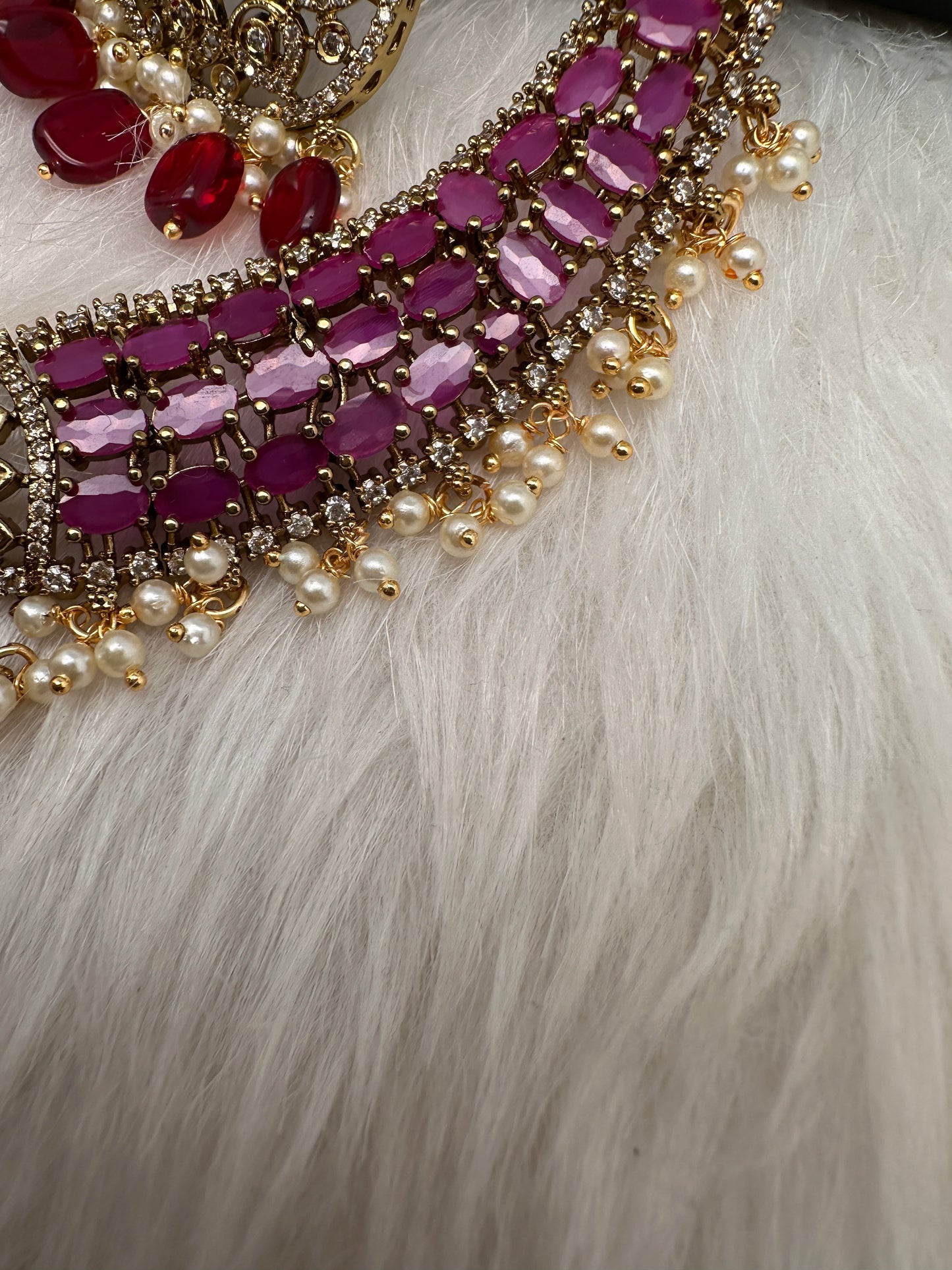 CZ Peacock  Color Stone Combo Bridal Necklace - Red