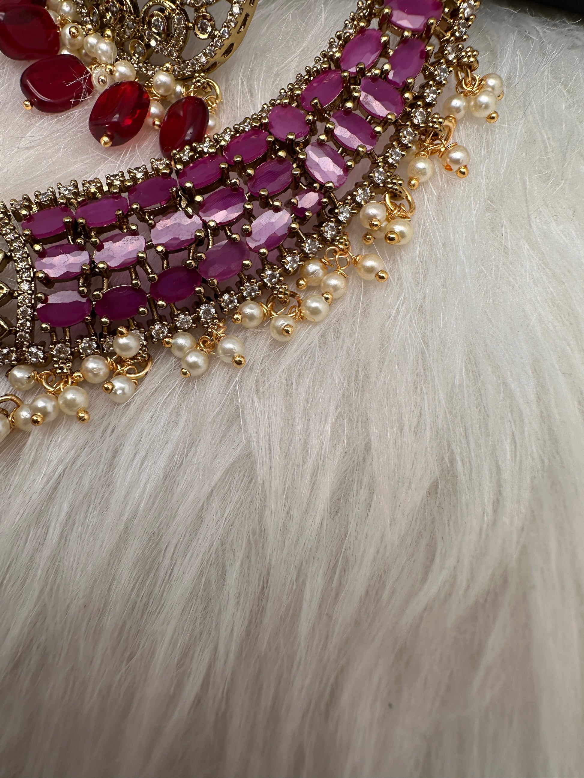 CZ Peacock  Color Stone Combo Bridal Necklace - Red