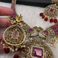 CZ Peacock  Color Stone Combo Bridal Necklace - Red