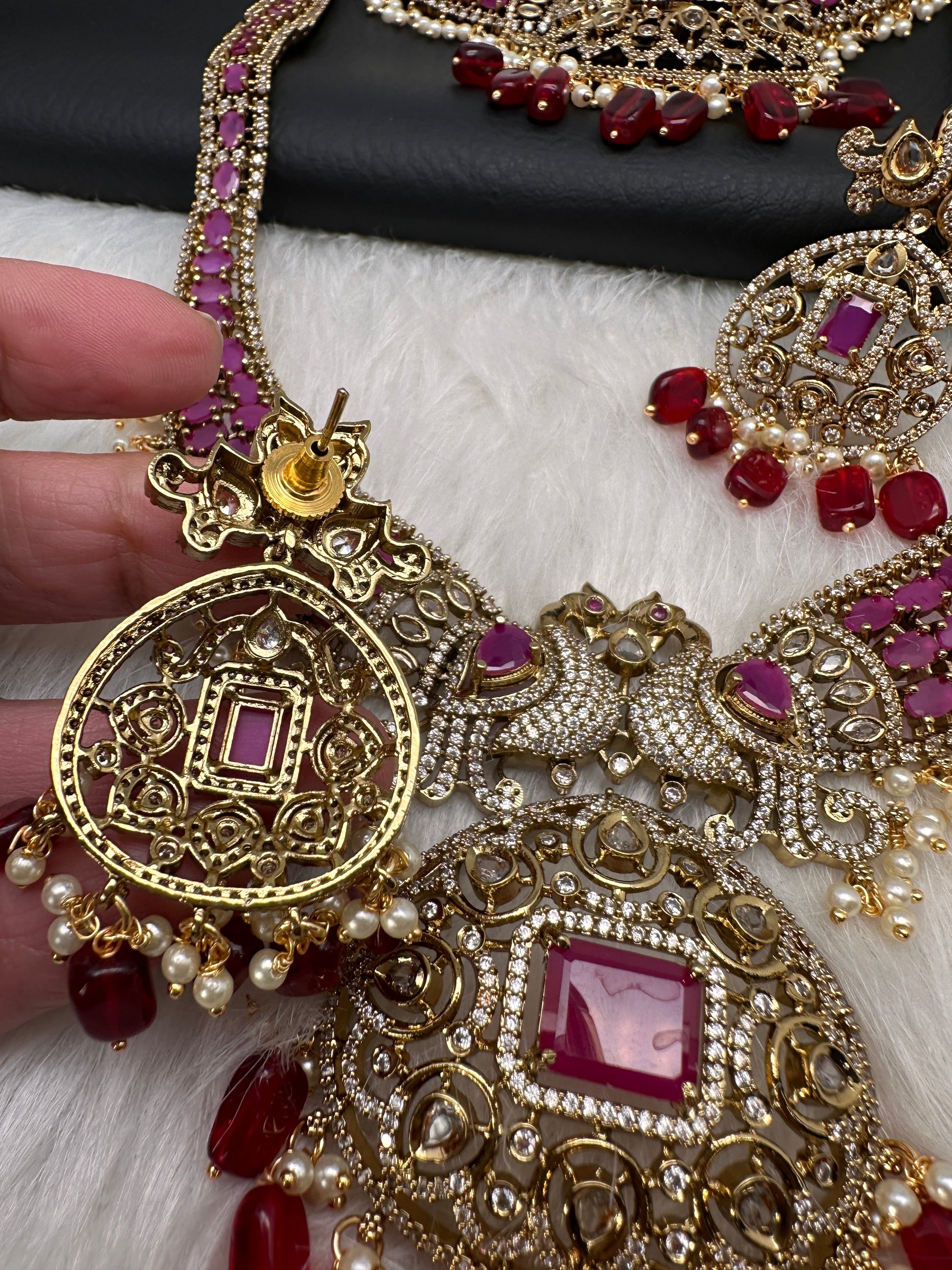 CZ Peacock  Color Stone Combo Bridal Necklace - Red