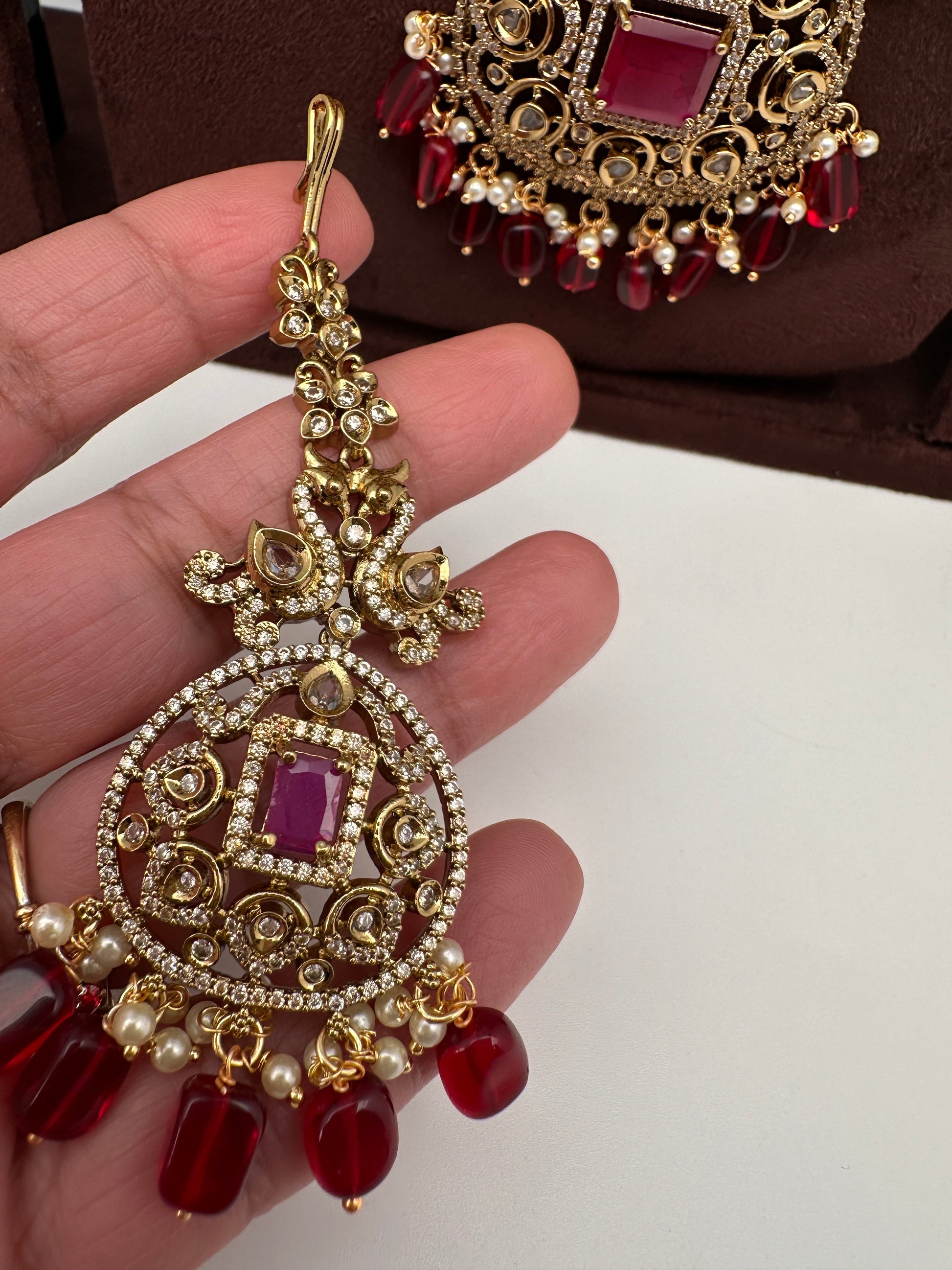 CZ Peacock  Color Stone Combo Bridal Necklace - Red