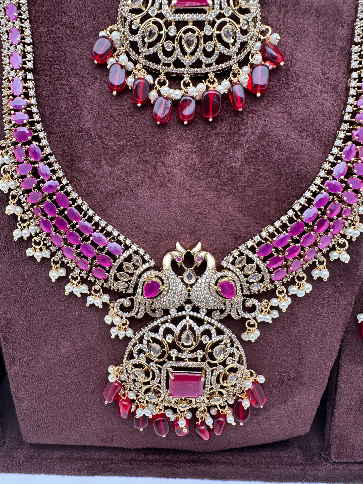 CZ Peacock  Color Stone Combo Bridal Necklace - Red
