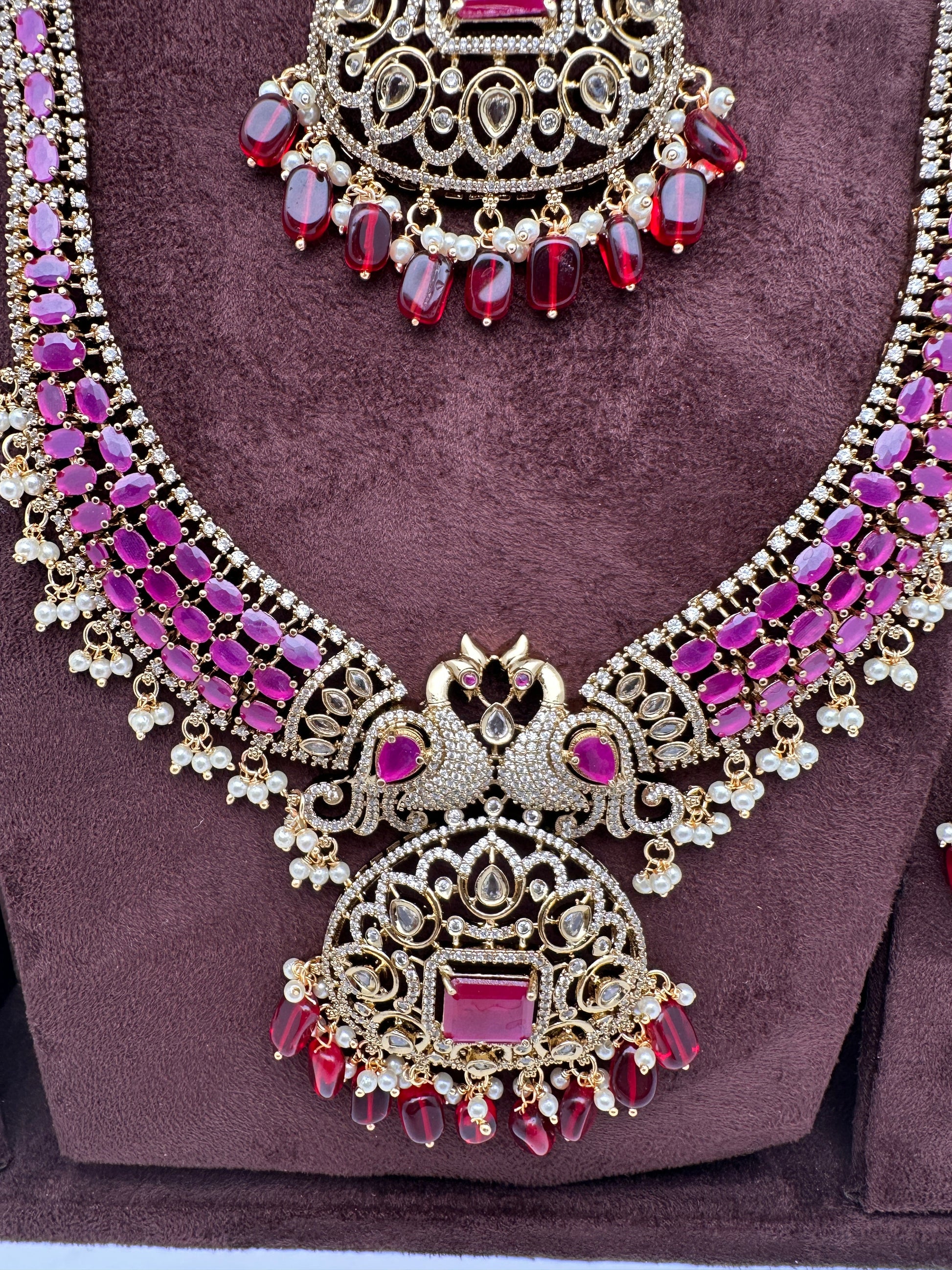CZ Peacock  Color Stone Combo Bridal Necklace - Red