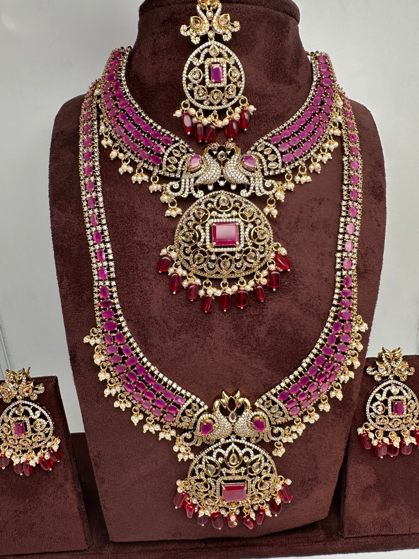 CZ Peacock  Color Stone Combo Bridal Necklace - Red