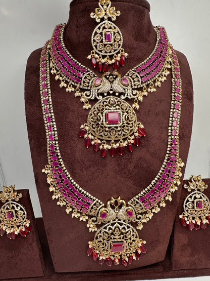 CZ Peacock  Color Stone Combo Bridal Necklace - Red