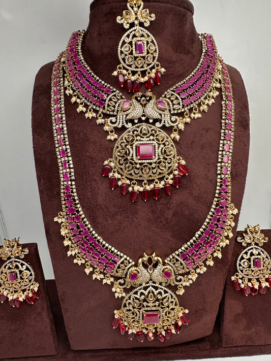 CZ Peacock  Color Stone Combo Bridal Necklace - Red
