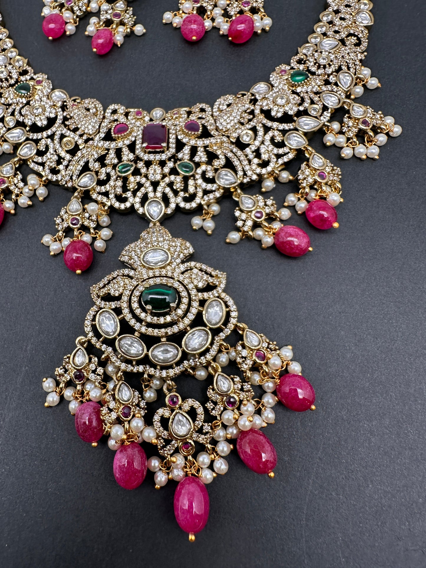Polki Victorian Red Beads Victorian Mehendi Short Necklace