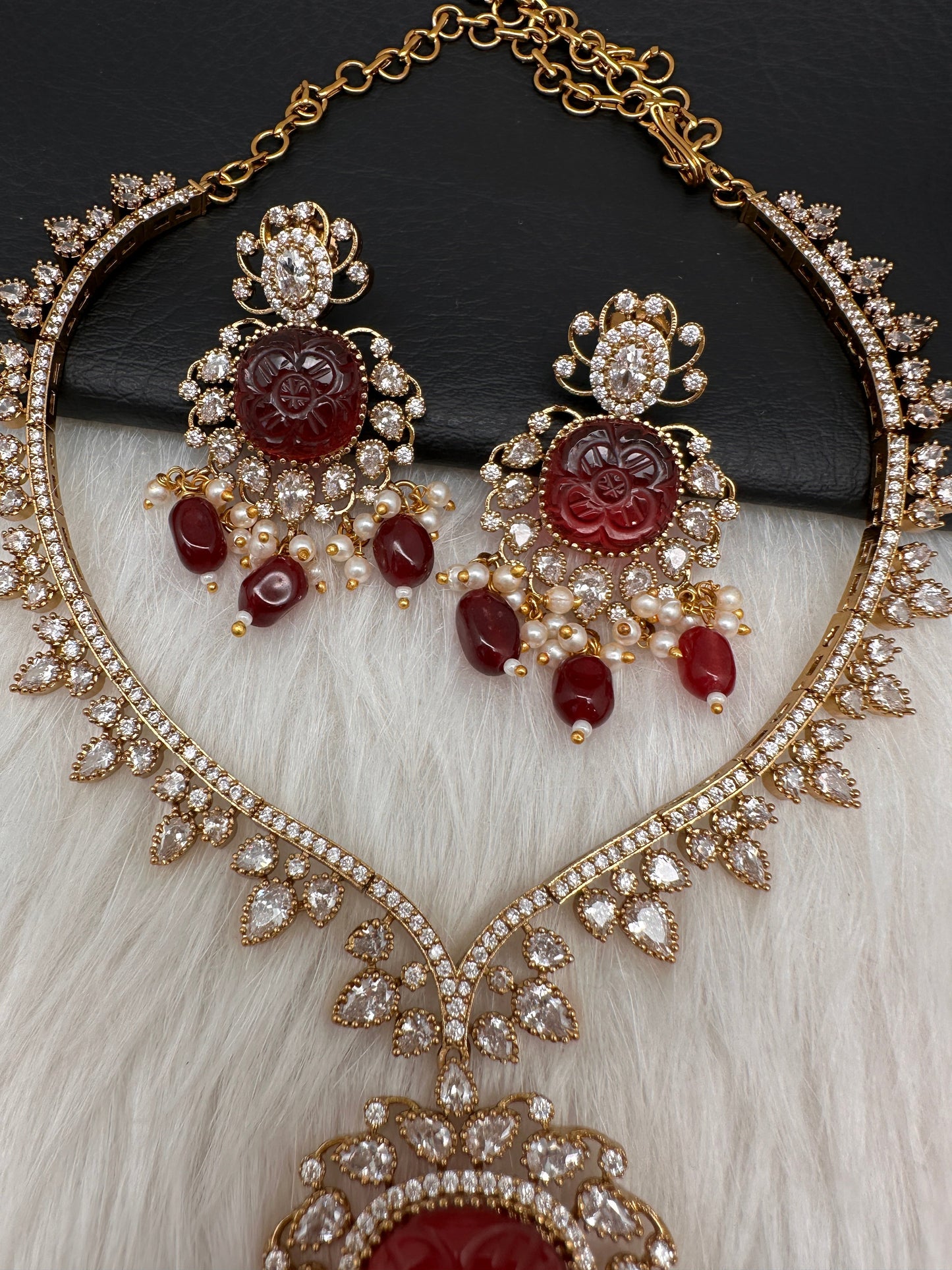 Red Carved Stone AD Mehendi Finish Short Necklace