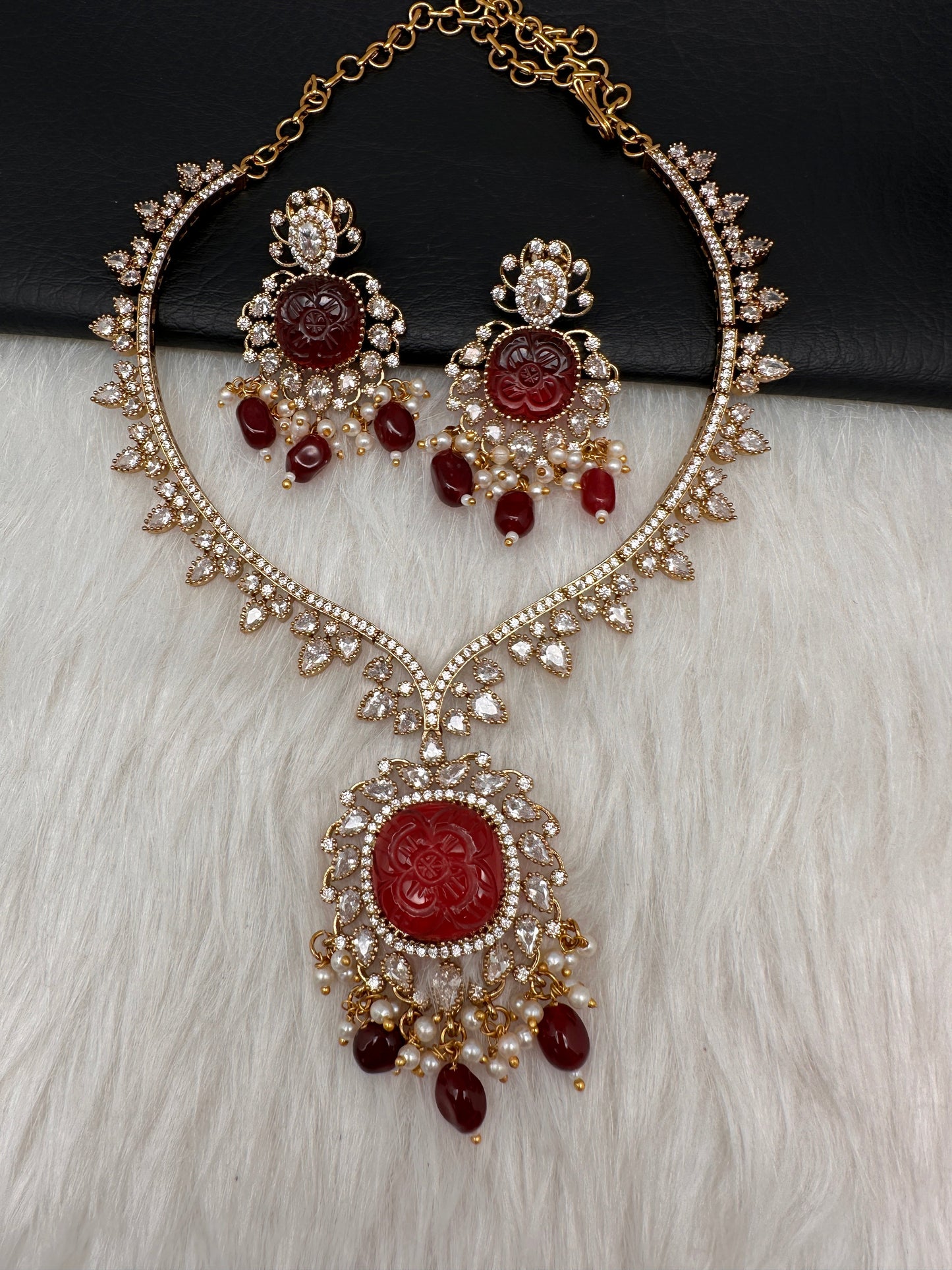 Red Carved Stone AD Mehendi Finish Short Necklace