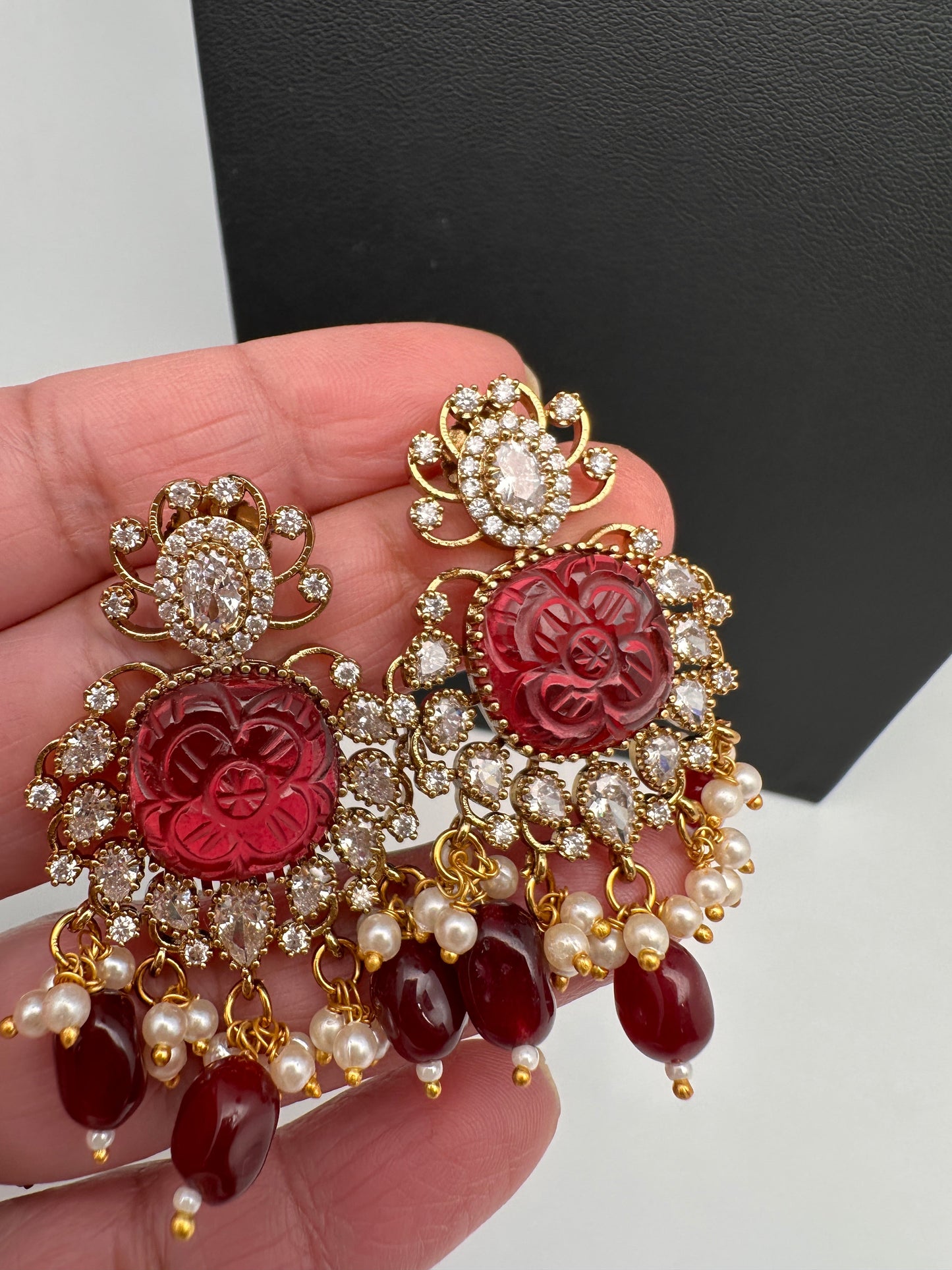 Red Carved Stone AD Mehendi Finish Short Necklace