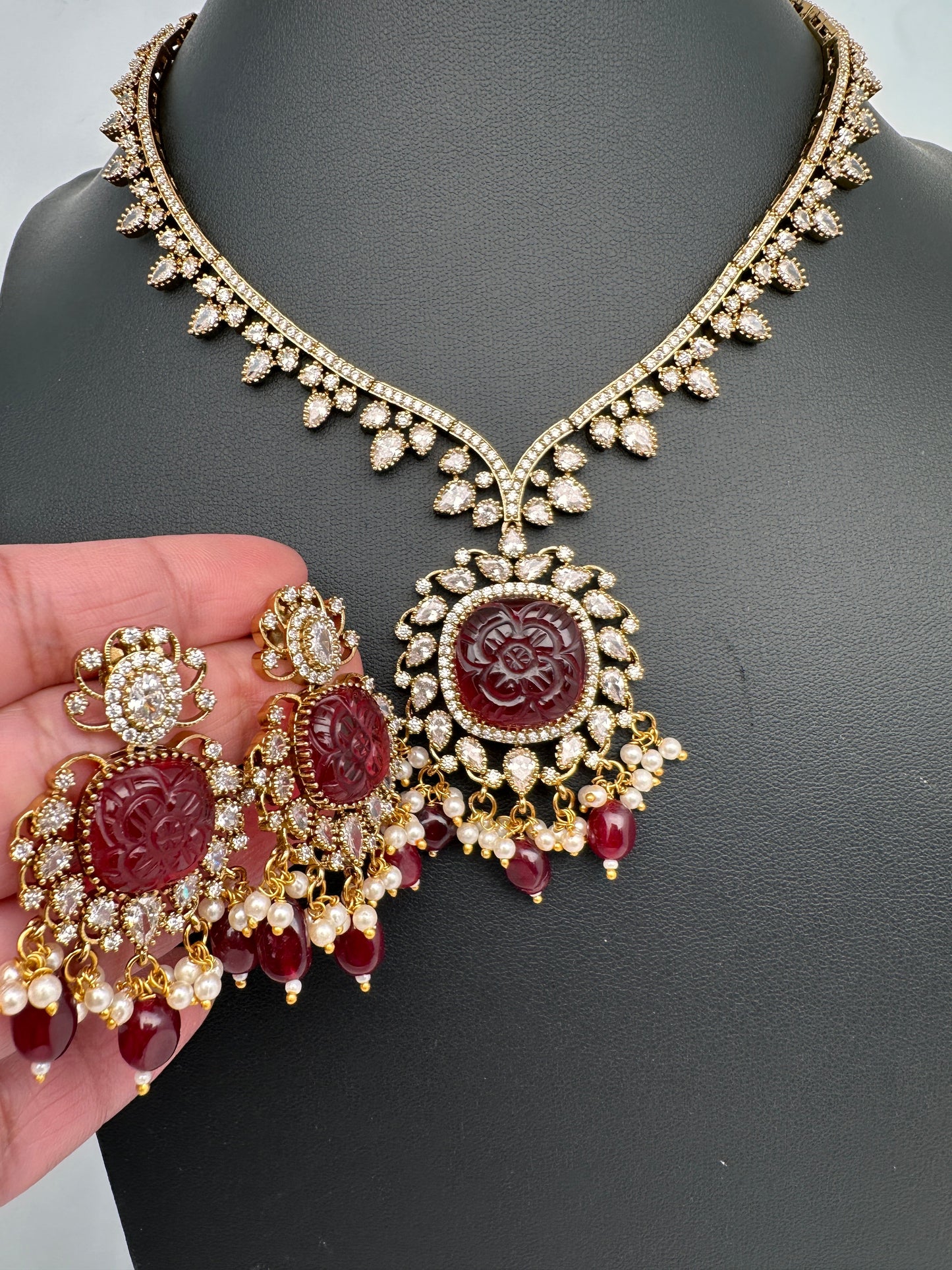 Red Carved Stone AD Mehendi Finish Short Necklace