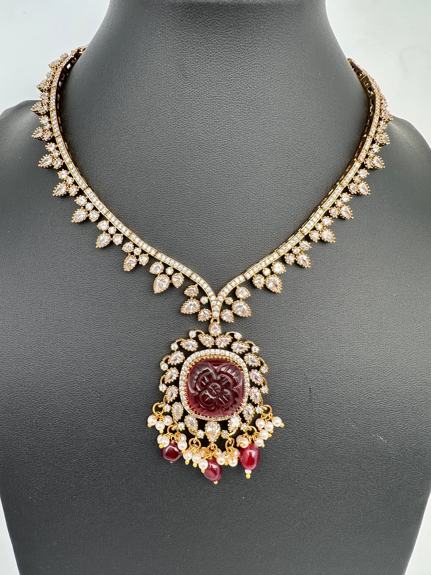 Red Carved Stone AD Mehendi Finish Short Necklace