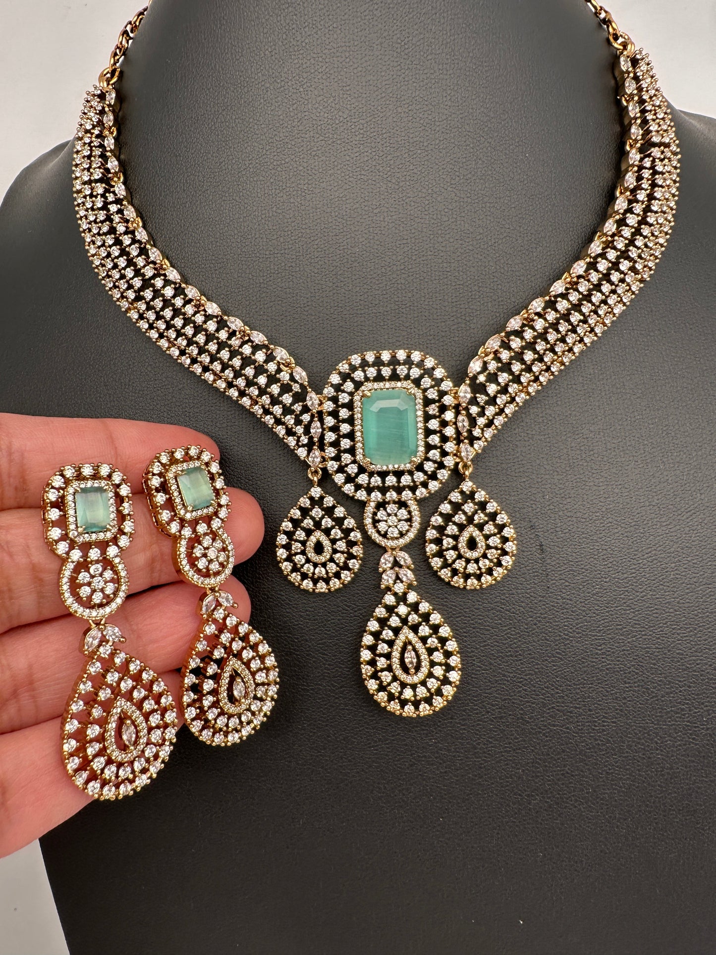 CZ Victorian Color Stone Neckline Necklace - MintGreen