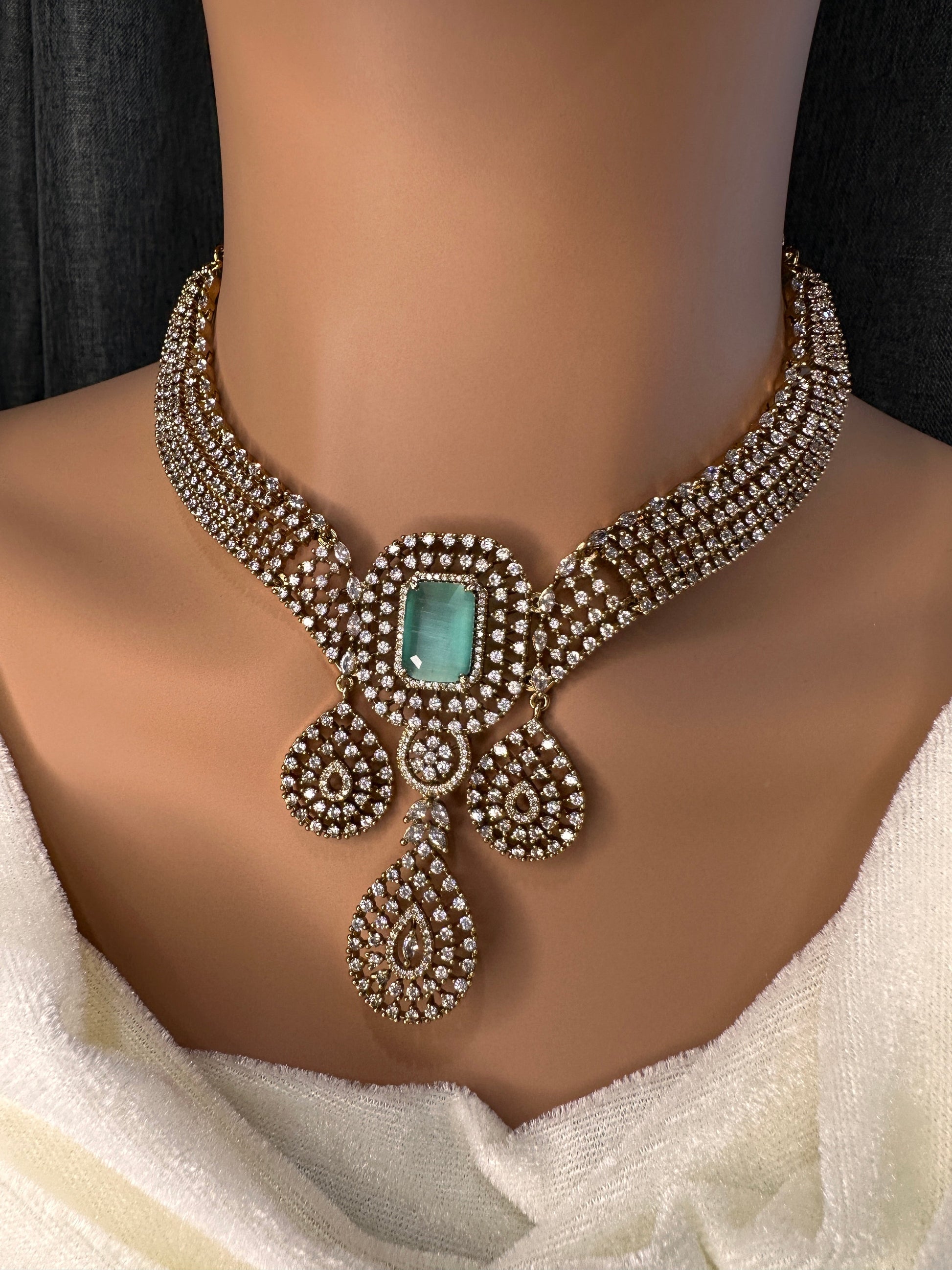 CZ Victorian Color Stone Neckline Necklace - MintGreen