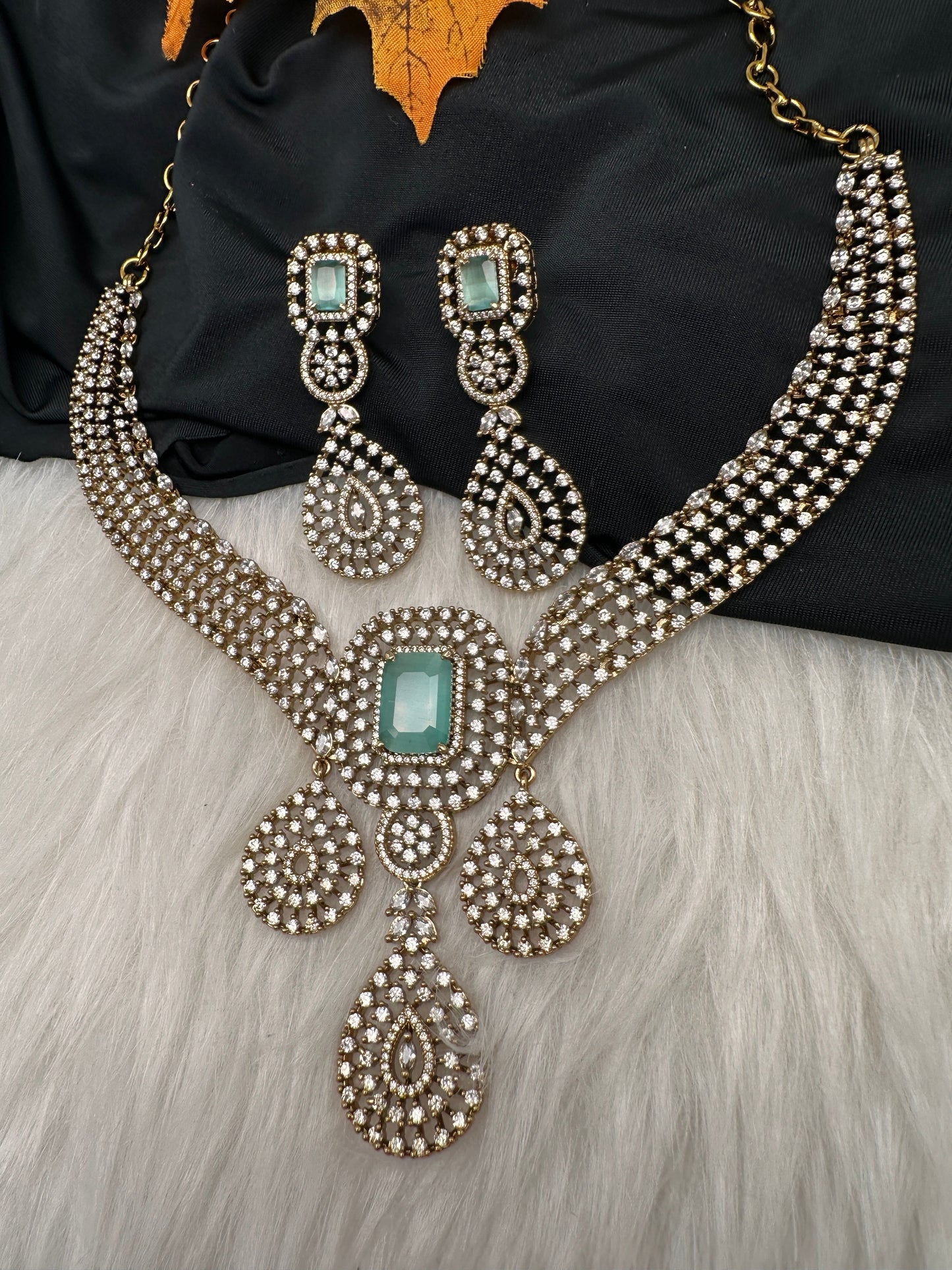 CZ Victorian Color Stone Neckline Necklace - MintGreen