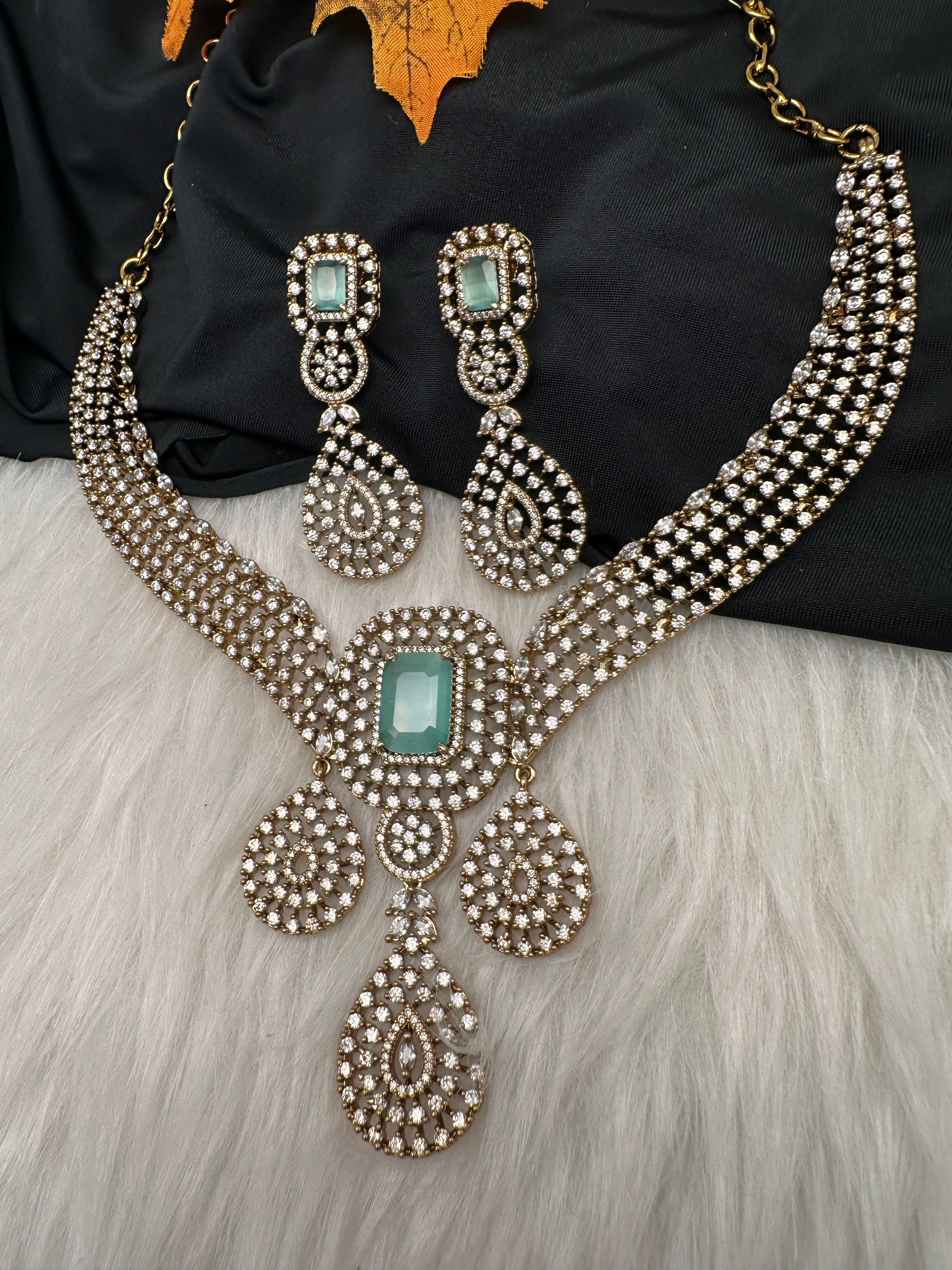 CZ Victorian Color Stone Neckline Necklace - MintGreen