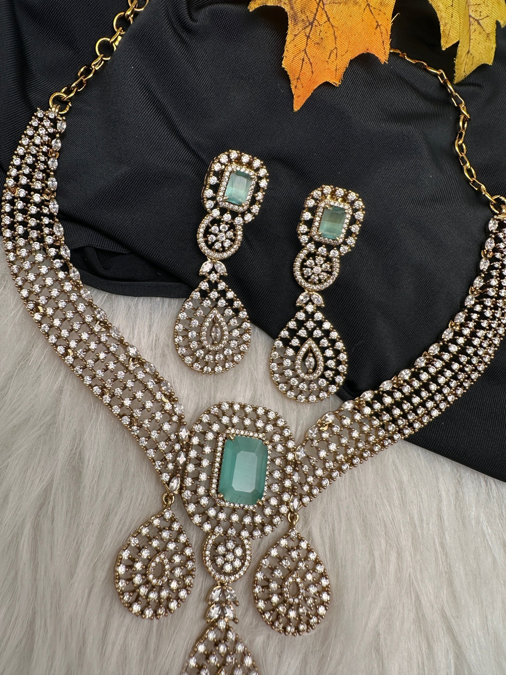 CZ Victorian Color Stone Neckline Necklace - MintGreen