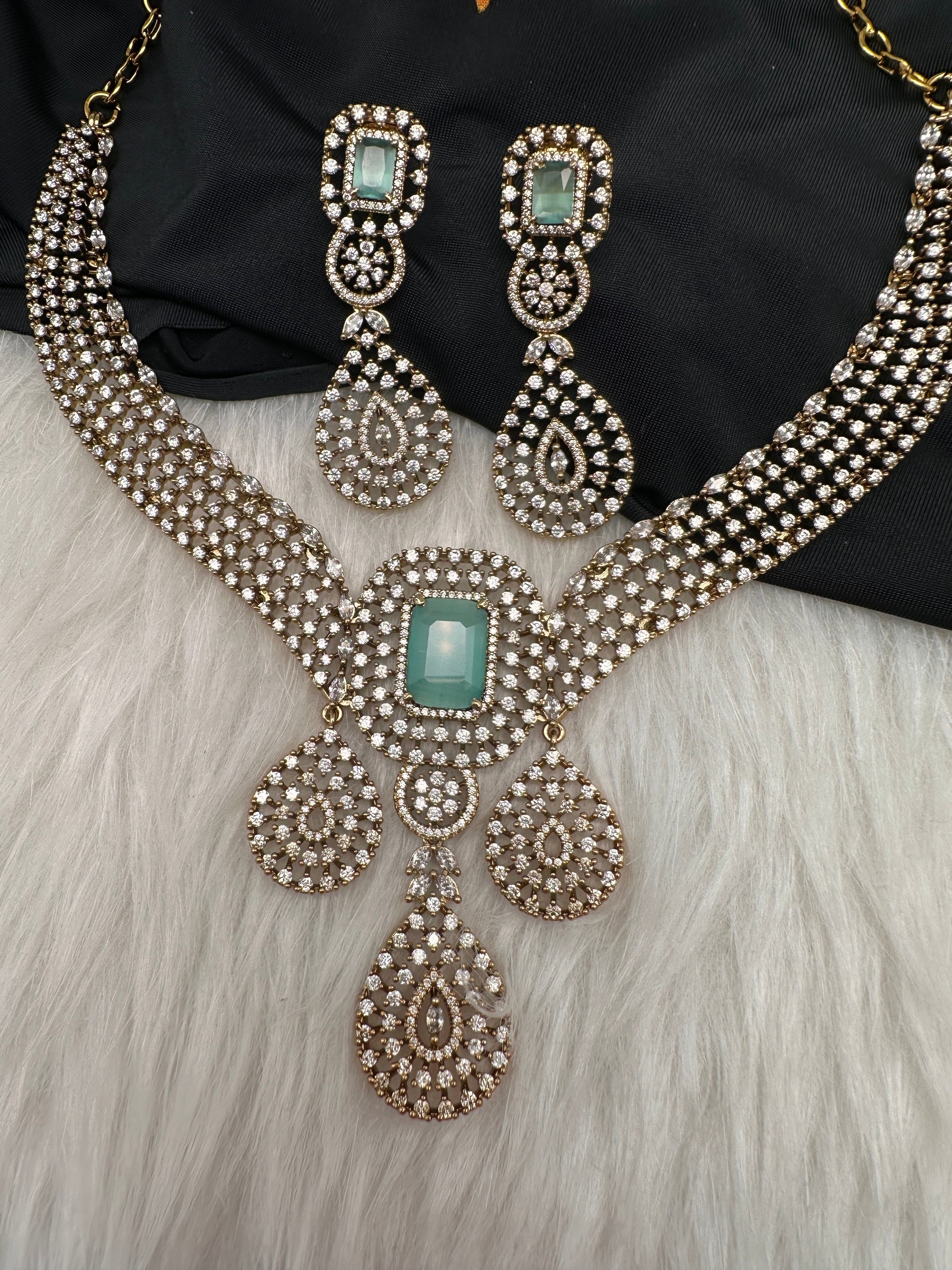 CZ Victorian Color Stone Neckline Necklace - MintGreen