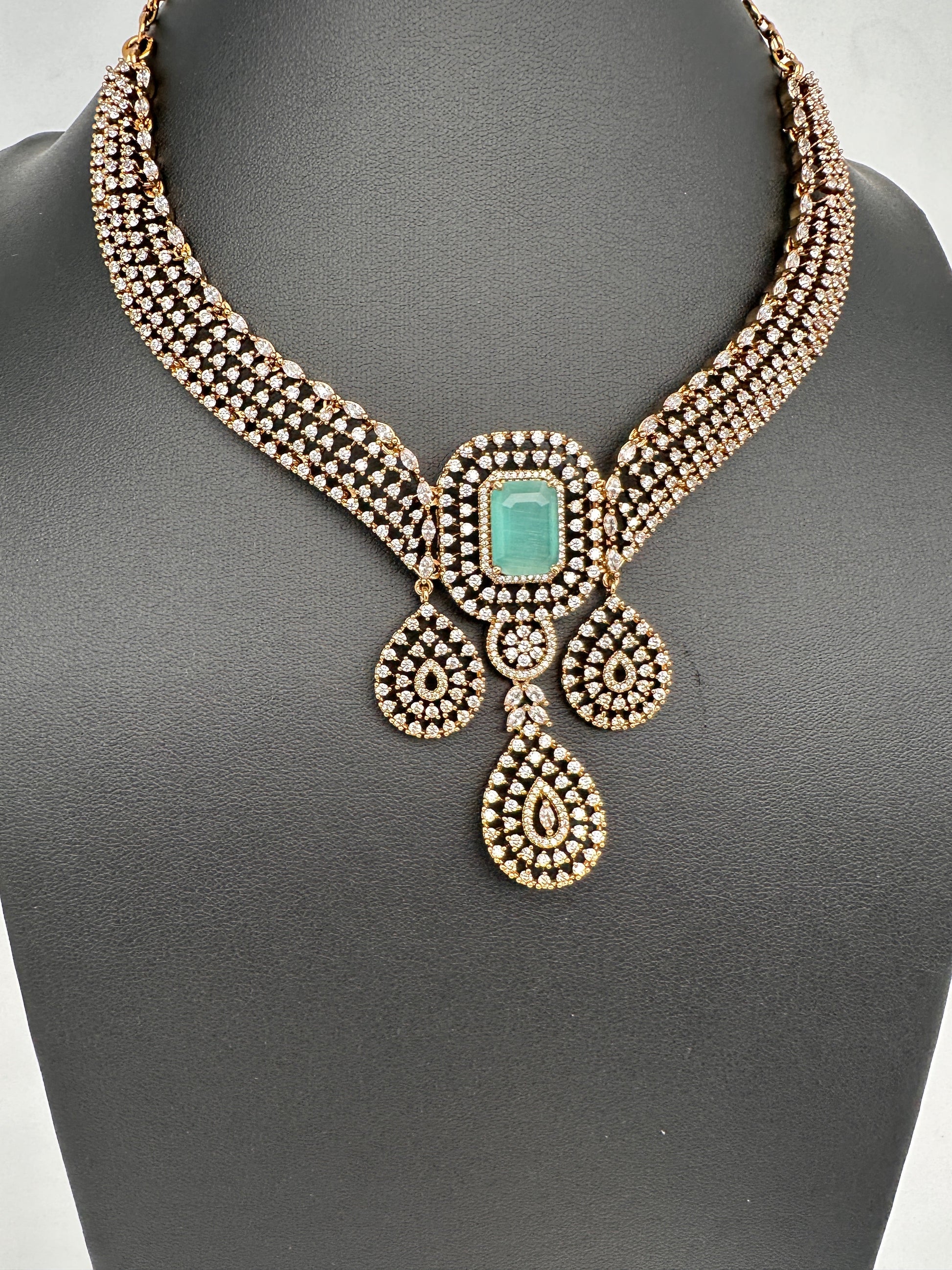 CZ Victorian Color Stone Neckline Necklace - MintGreen
