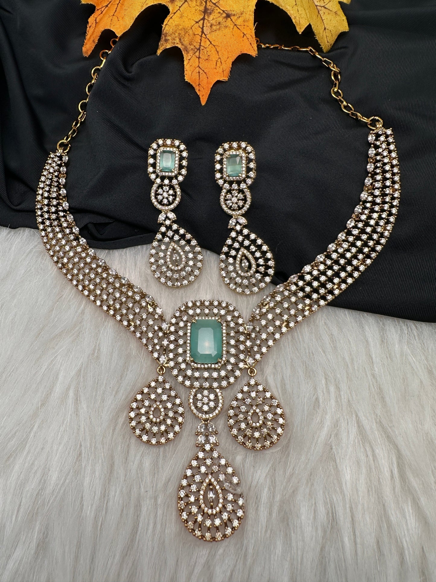 CZ Victorian Color Stone Neckline Necklace - MintGreen