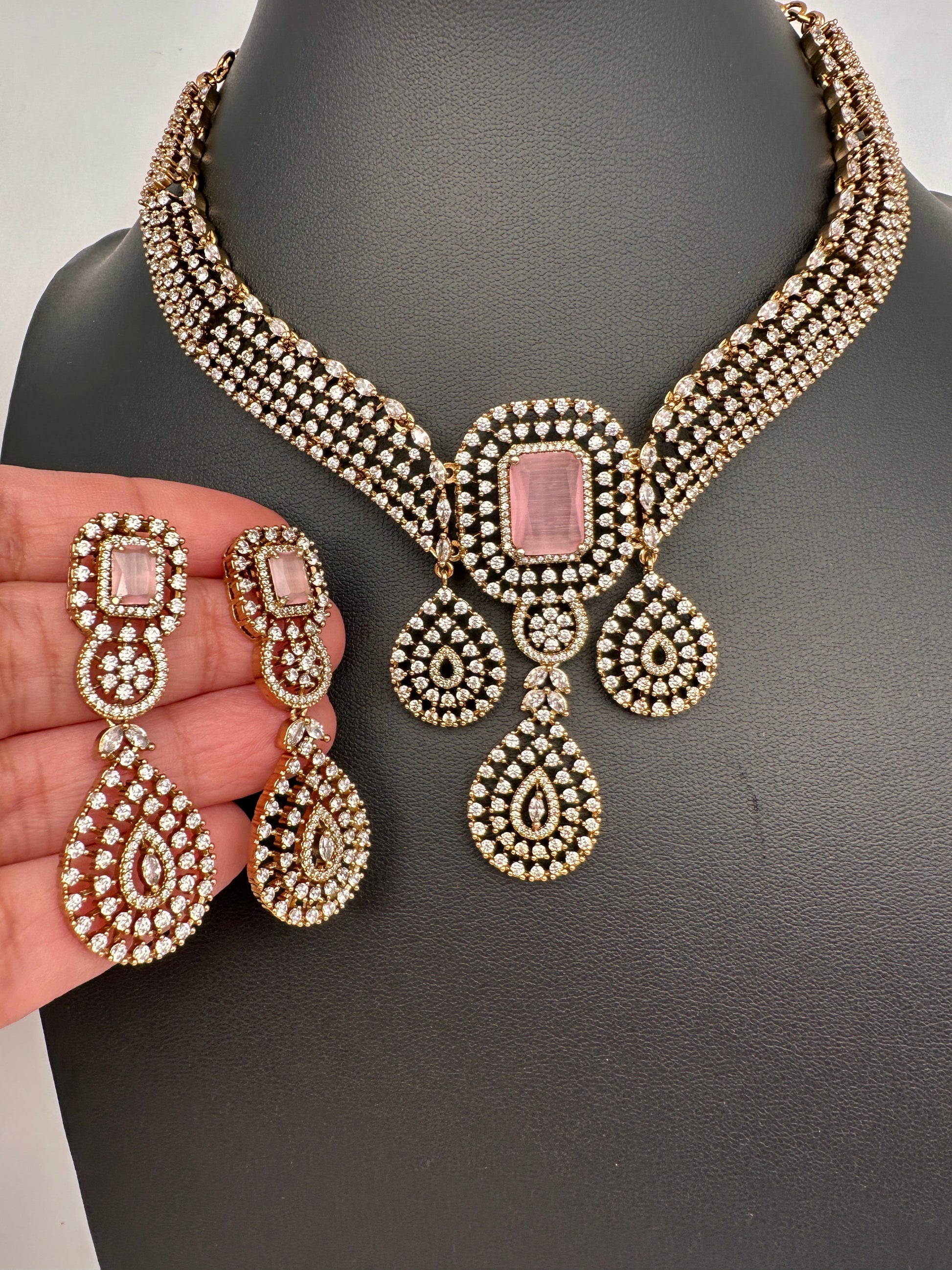 CZ Victorian Color Stone Neckline Necklace - Pink