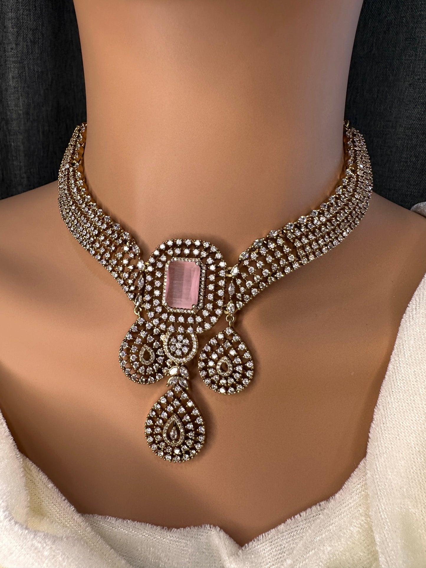 CZ Victorian Color Stone Neckline Necklace - Pink