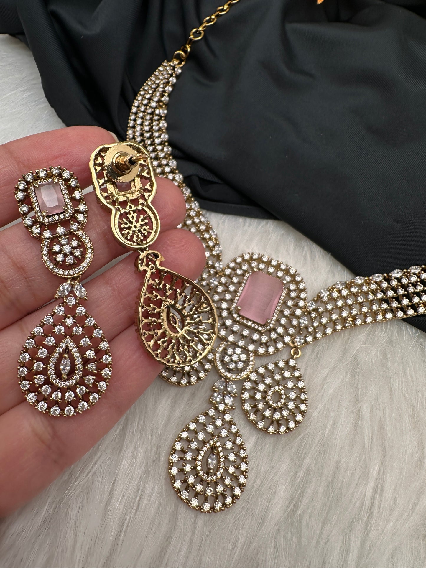 CZ Victorian Color Stone Neckline Necklace - Pink