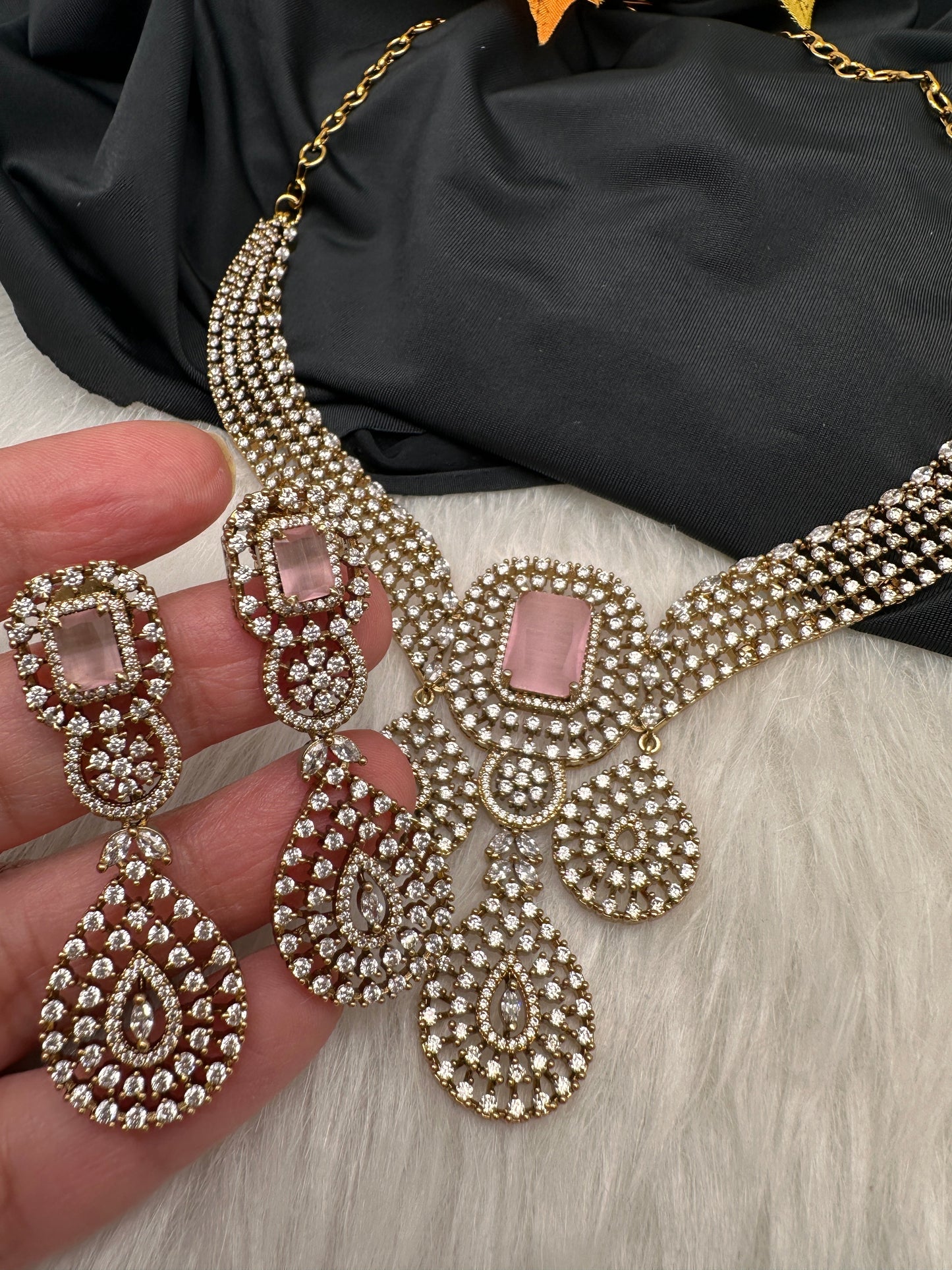 CZ Victorian Color Stone Neckline Necklace - Pink