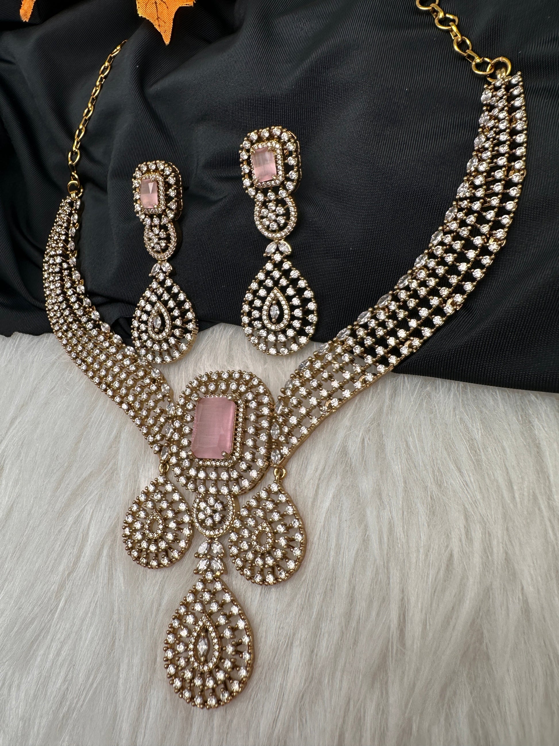 CZ Victorian Color Stone Neckline Necklace - Pink