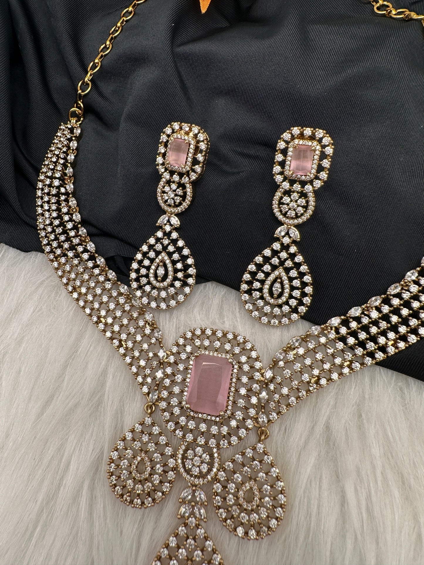 CZ Victorian Color Stone Neckline Necklace - Pink