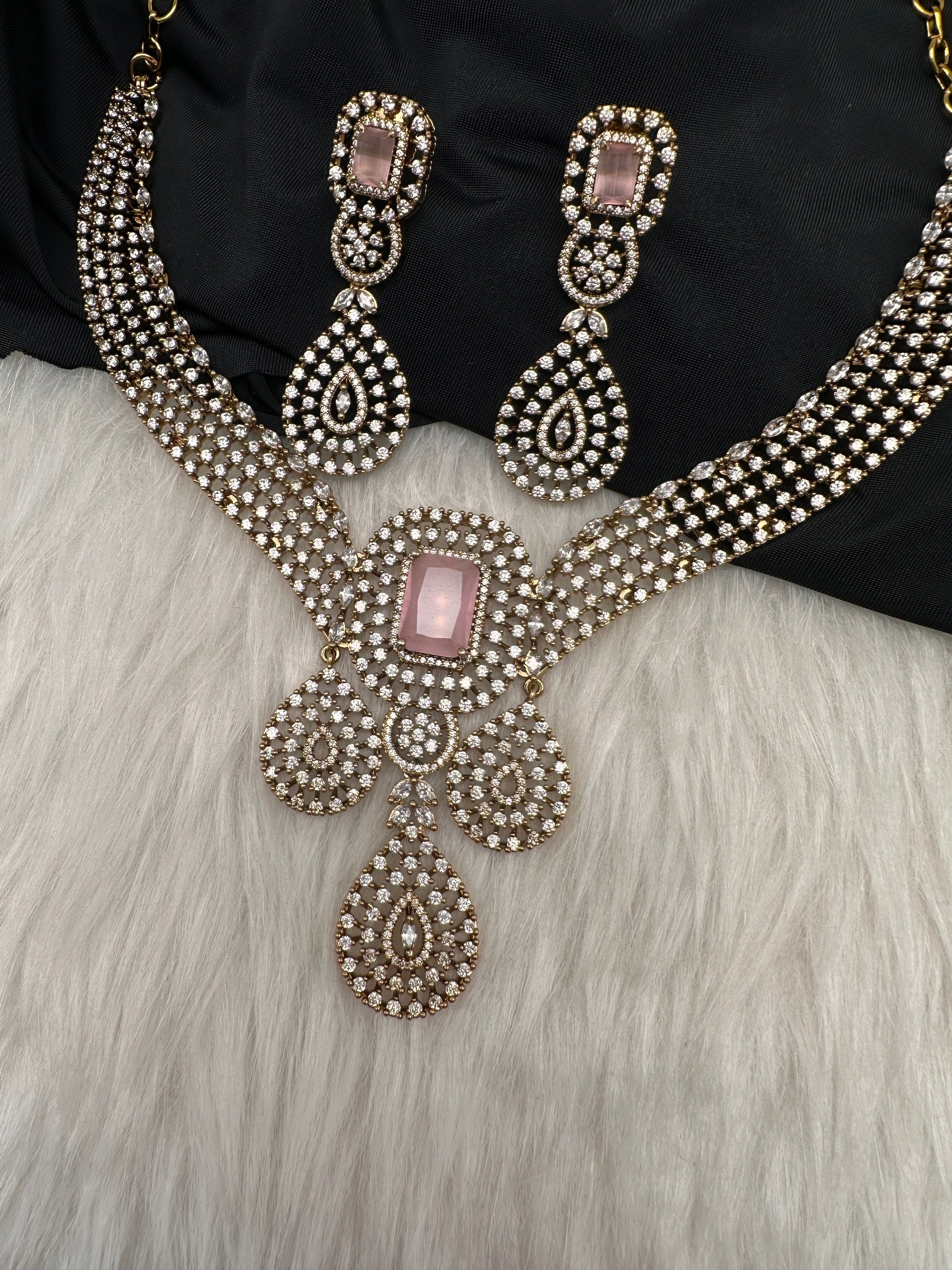 CZ Victorian Color Stone Neckline Necklace - Pink
