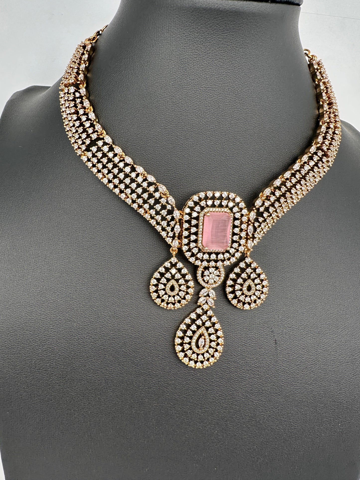 CZ Victorian Color Stone Neckline Necklace - Pink