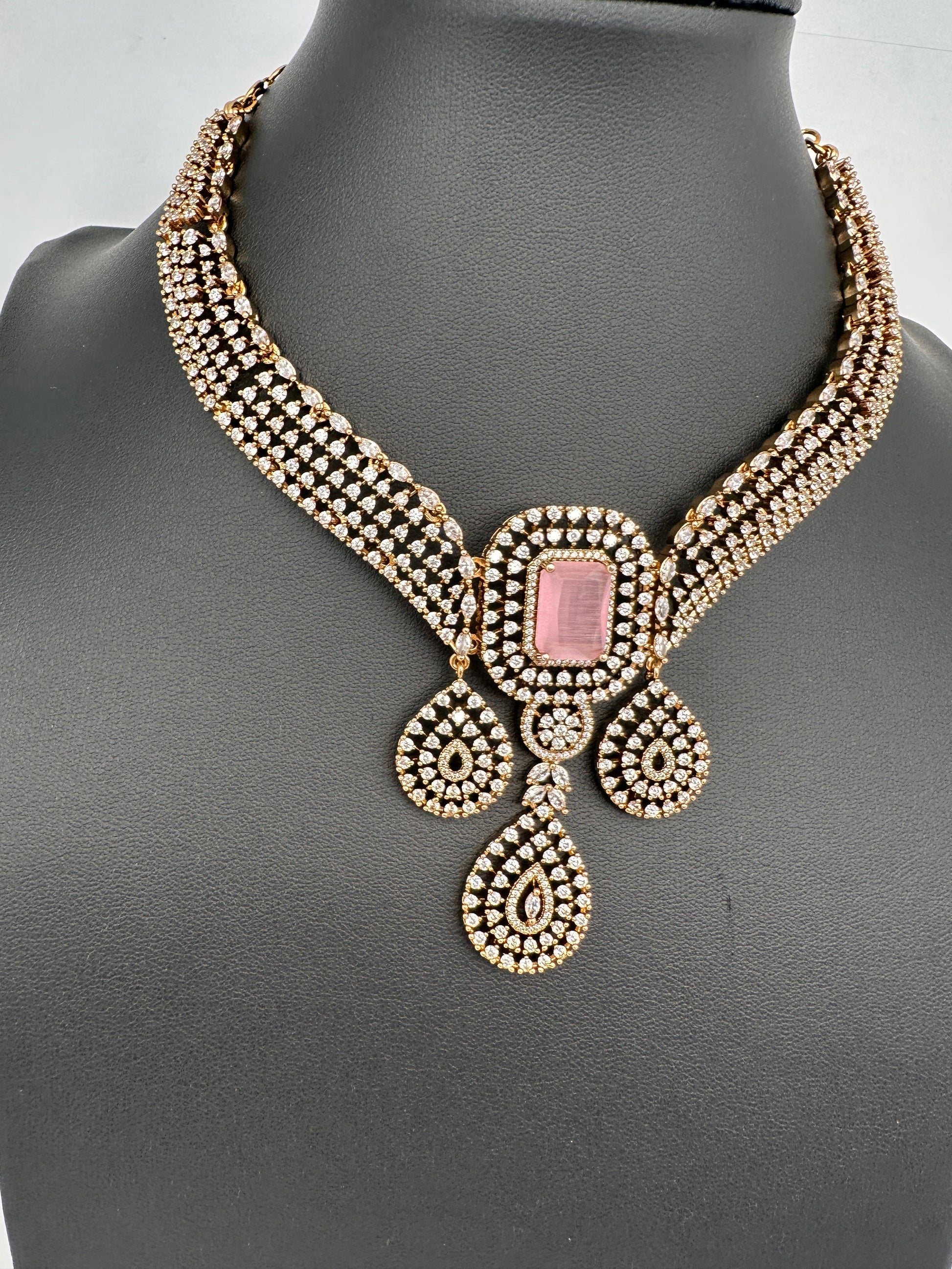 CZ Victorian Color Stone Neckline Necklace - Pink