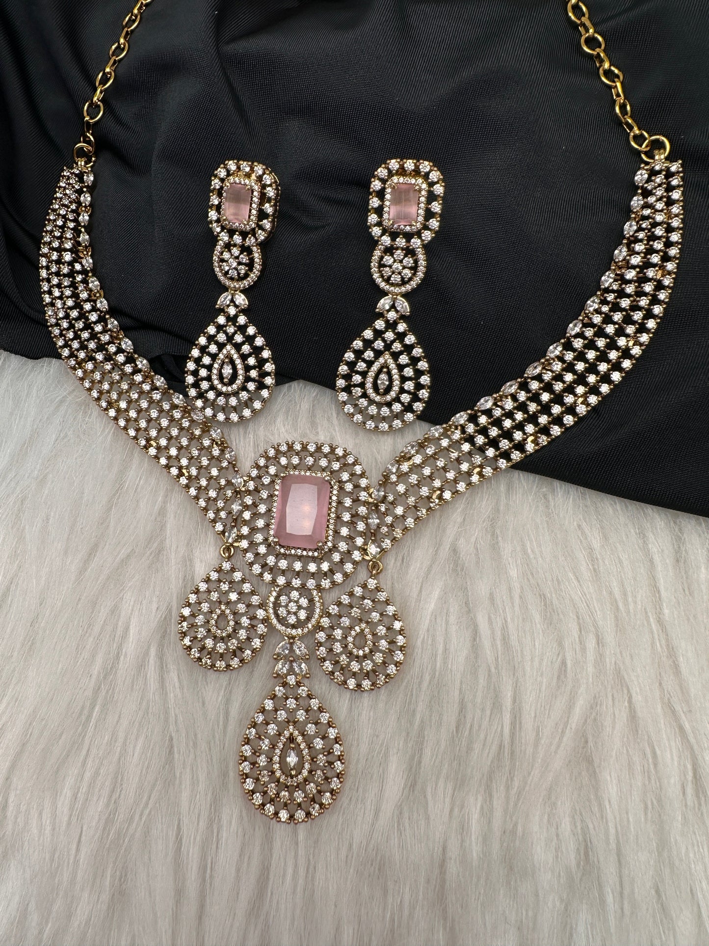 CZ Victorian Color Stone Neckline Necklace - Pink