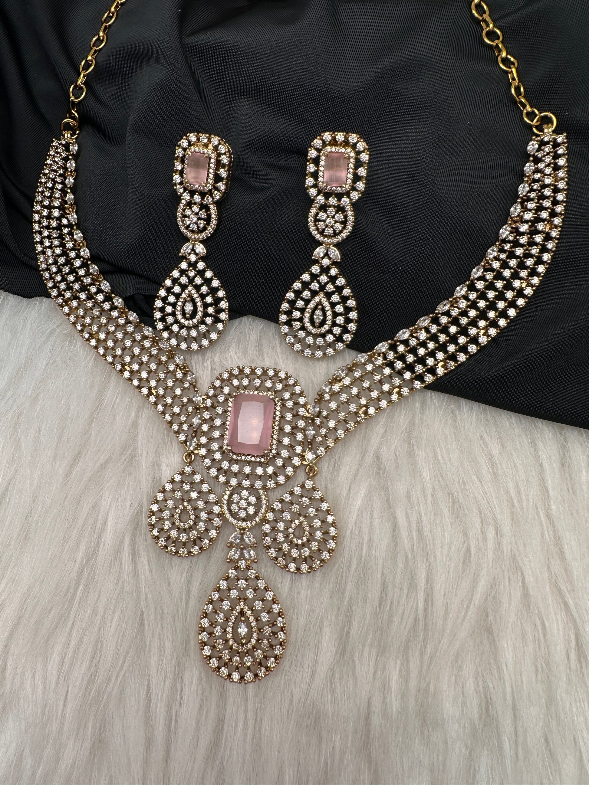 CZ Victorian Color Stone Neckline Necklace - Pink