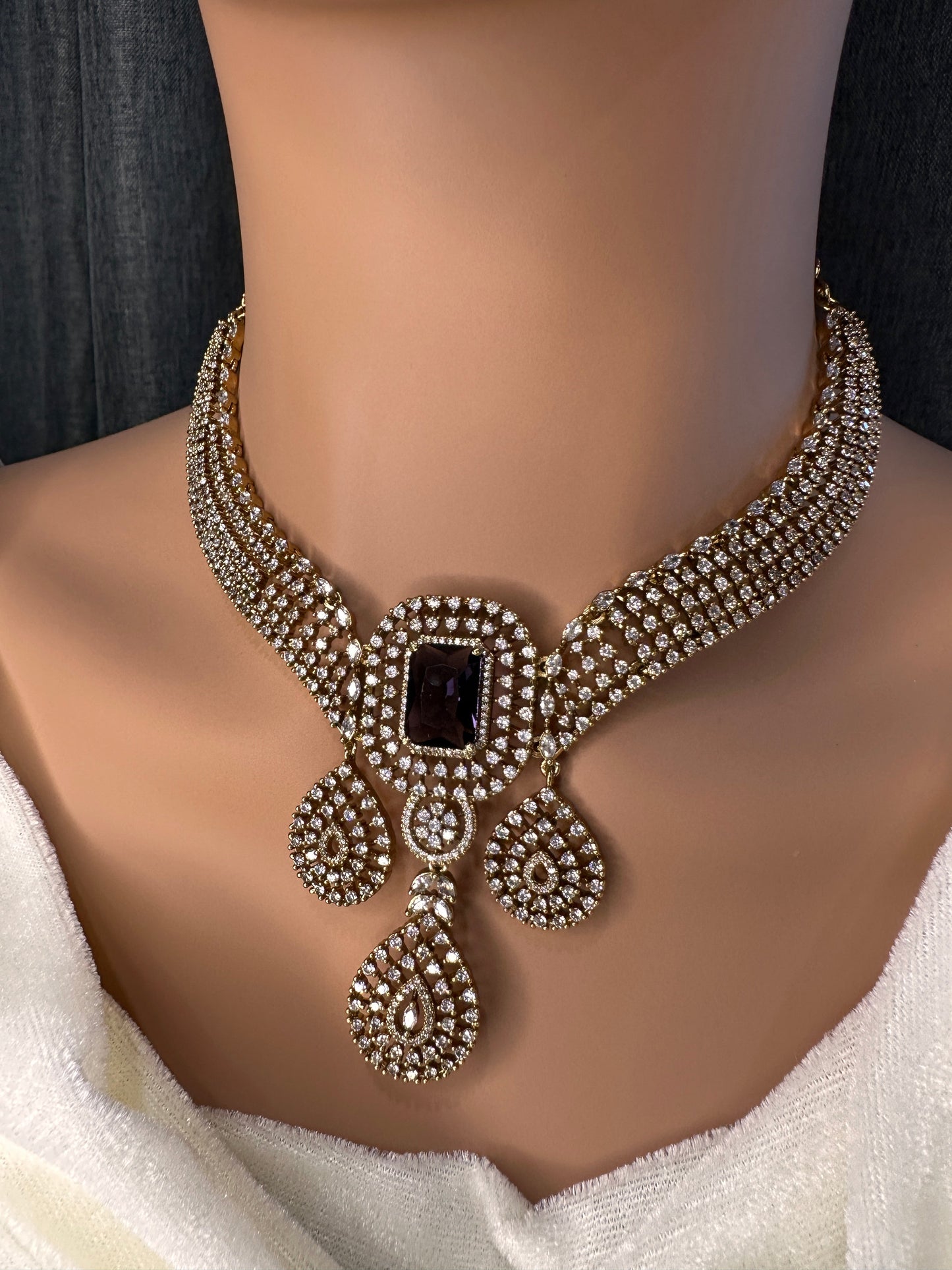 CZ Victorian Color Stone Neckline Necklace - Purple