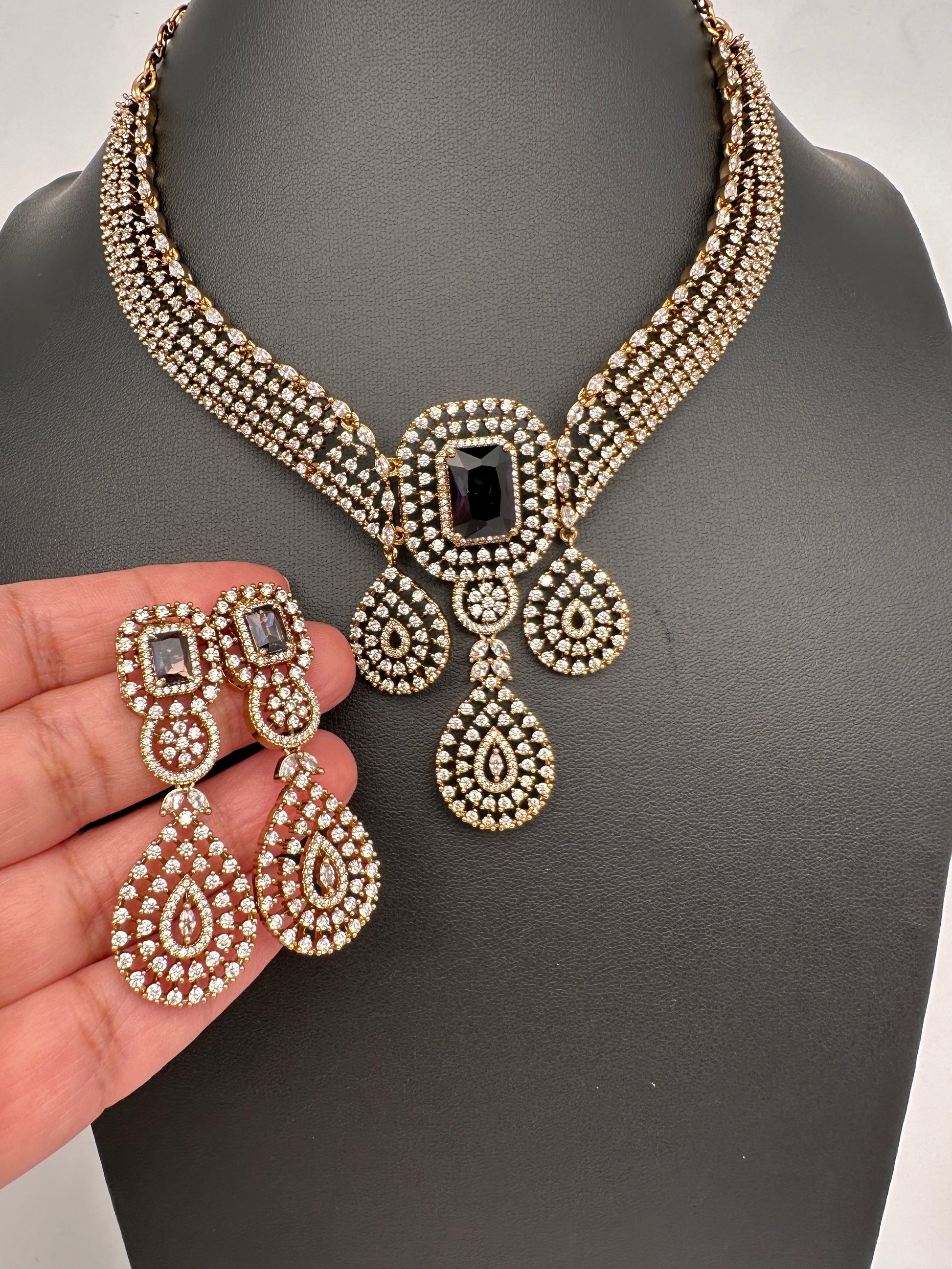 CZ Victorian Color Stone Neckline Necklace - Purple