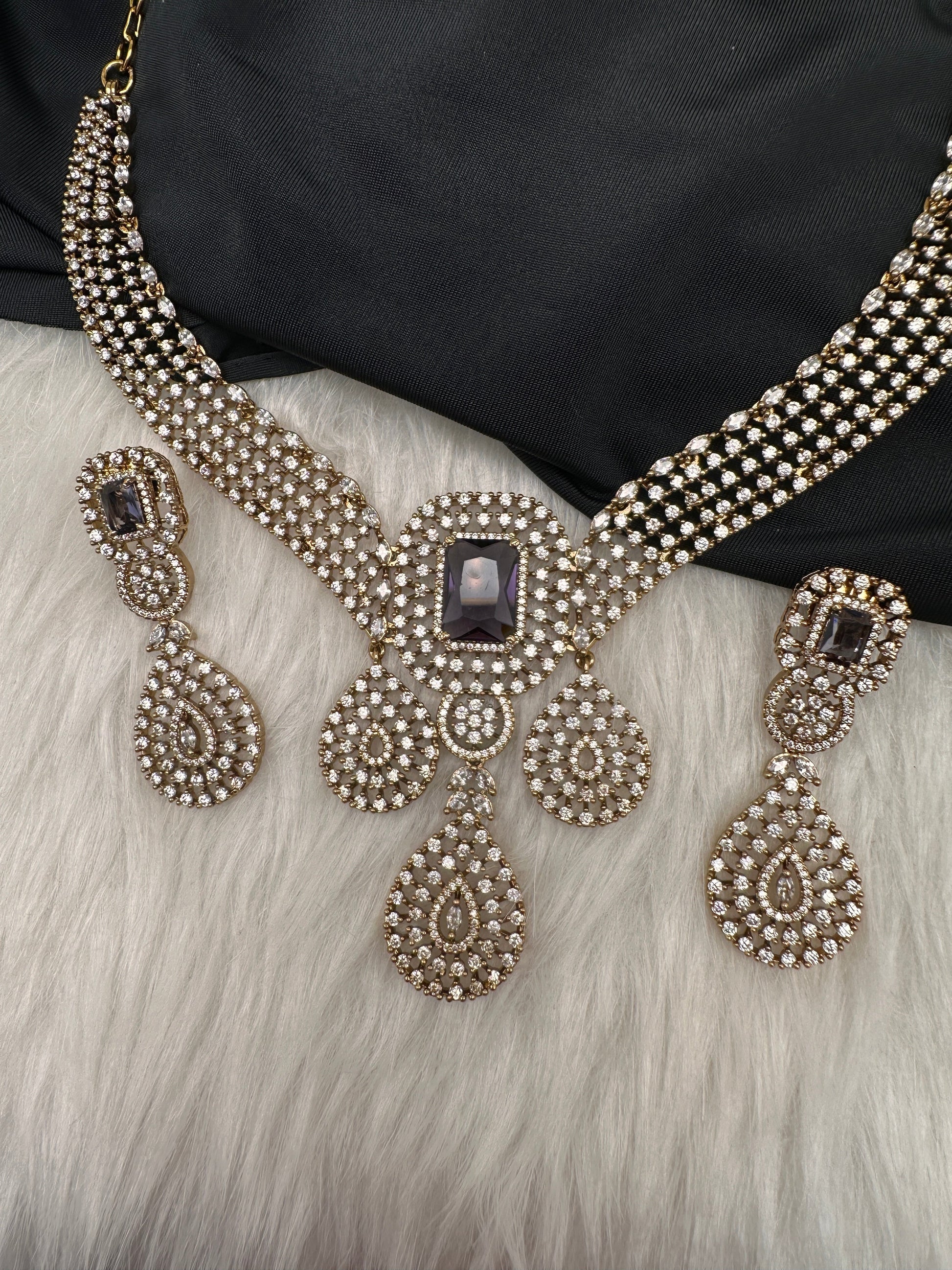 CZ Victorian Color Stone Neckline Necklace - Purple